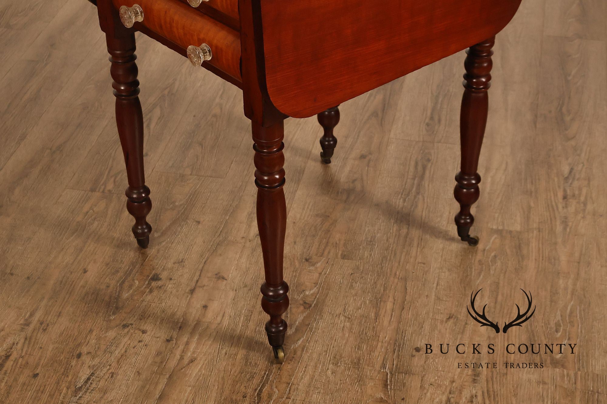 Antique American Sheraton Style Cherry And Tiger Maple Drop Leaf Work Table