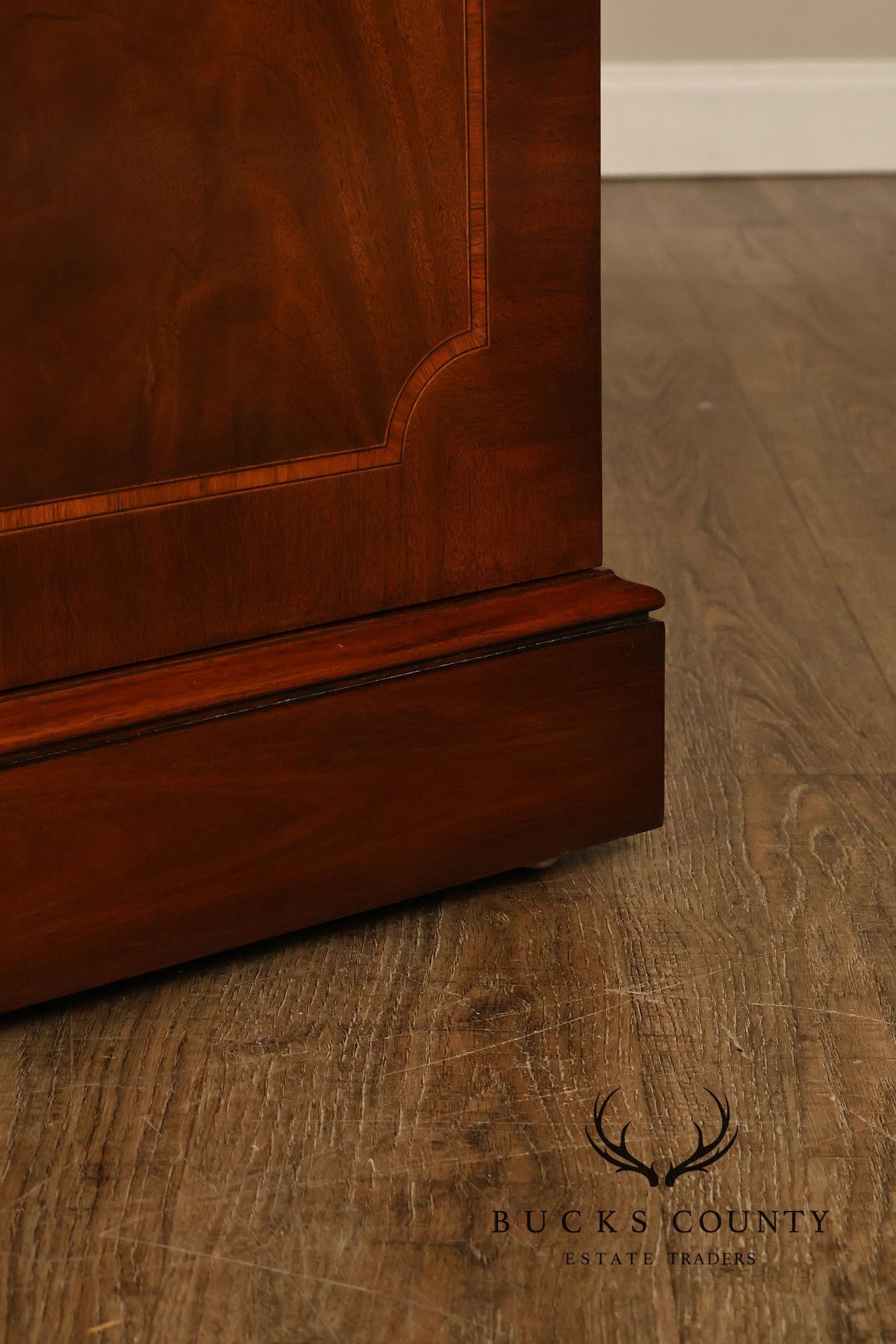 Karges English Style Mahogany Breakfront China Cabinet Display Bookcase with Carved Pediment and Silk Backing