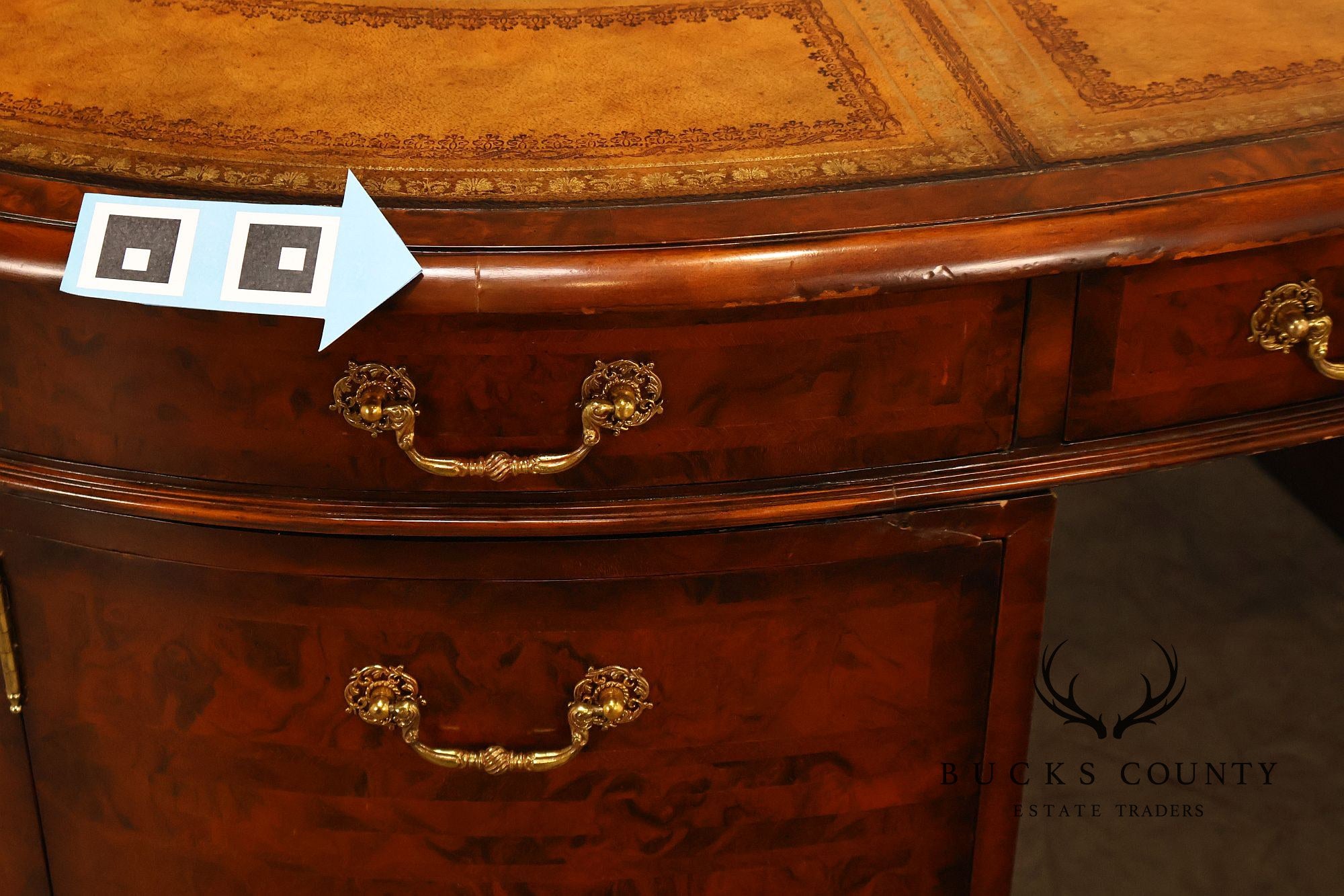 Maitland-Smith Oval Burl Wood Leather Top Partner Desk with Brass Hardware