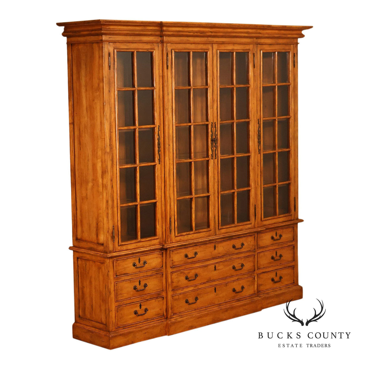 Guy Chaddock Large Rustic Pine Library Bookcase Breakfront With Glazed Doors And Drawers