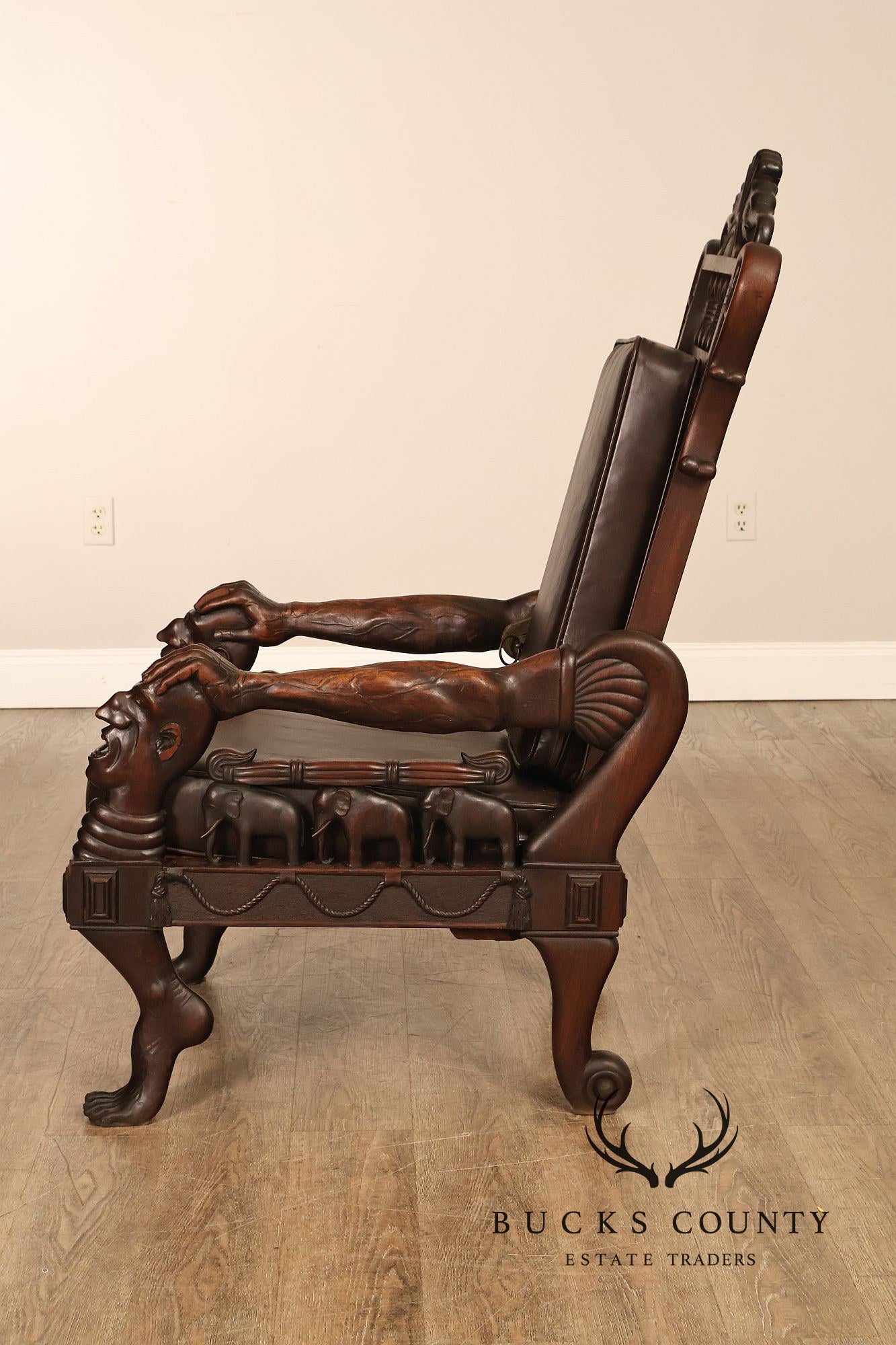 Exceptional 19th Century Anglo-Indian / Burmese Colonial Figural Carved Hardwood Throne Armchair