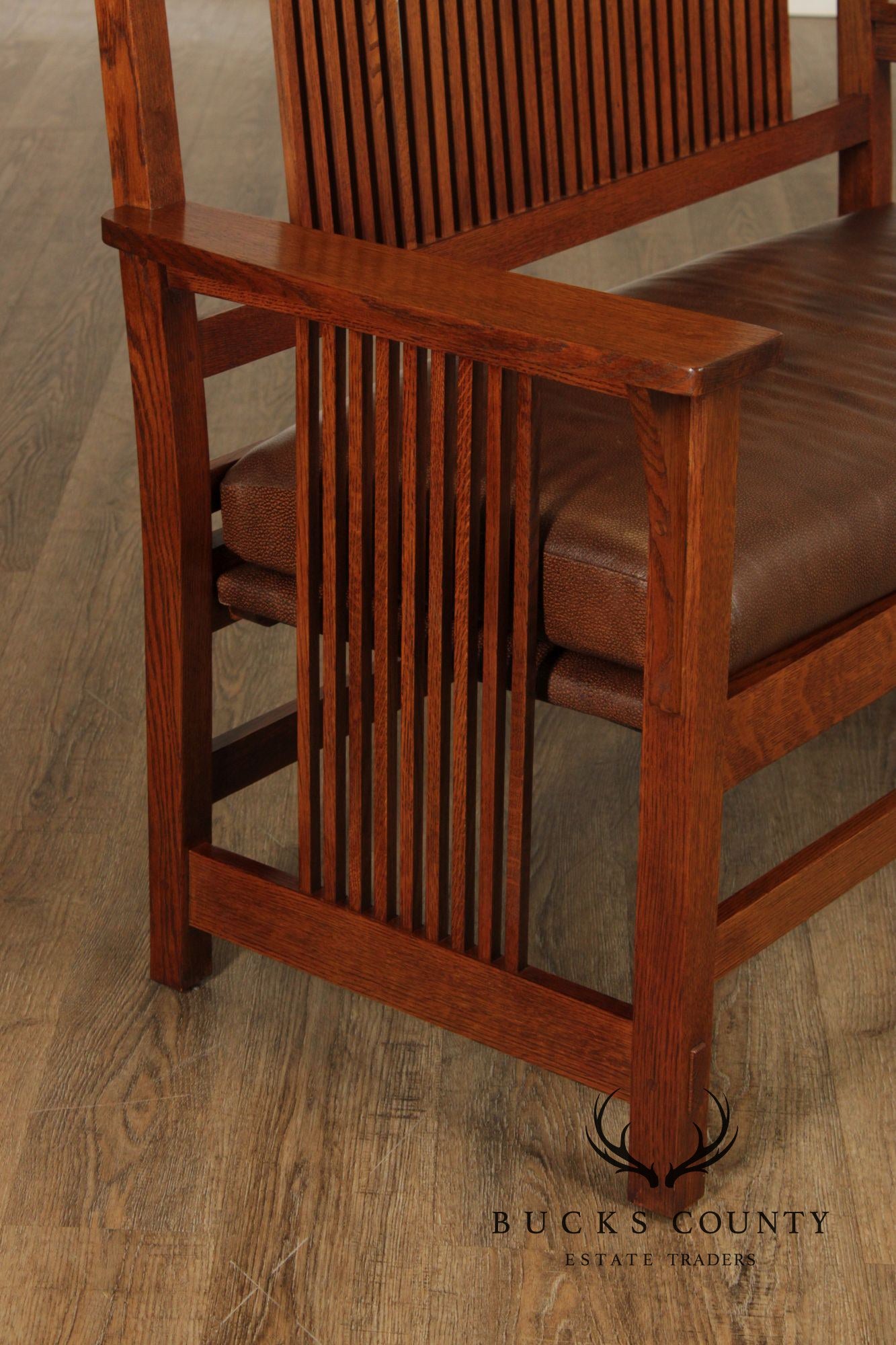 Stickley Mission Collection Oak And Leather Spindle Settee