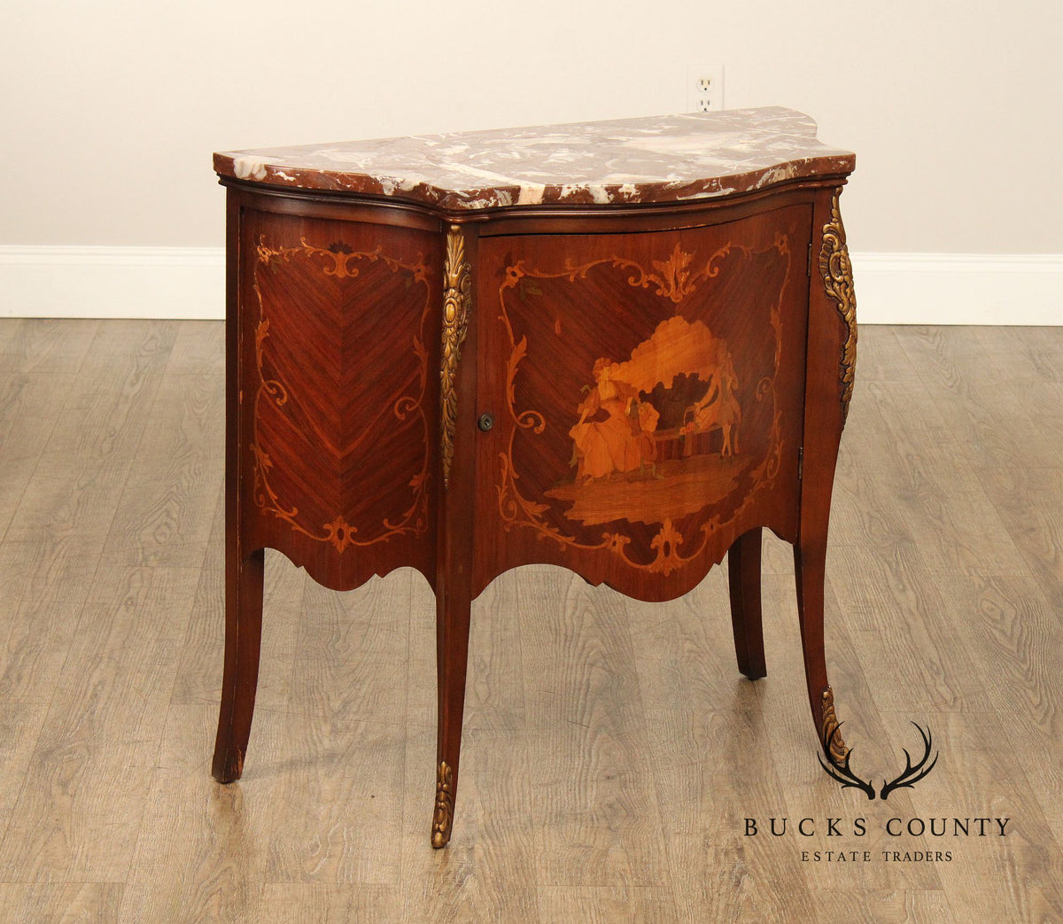French Louis XV Style Ormolu Mounted Marquetry Bombe Chest