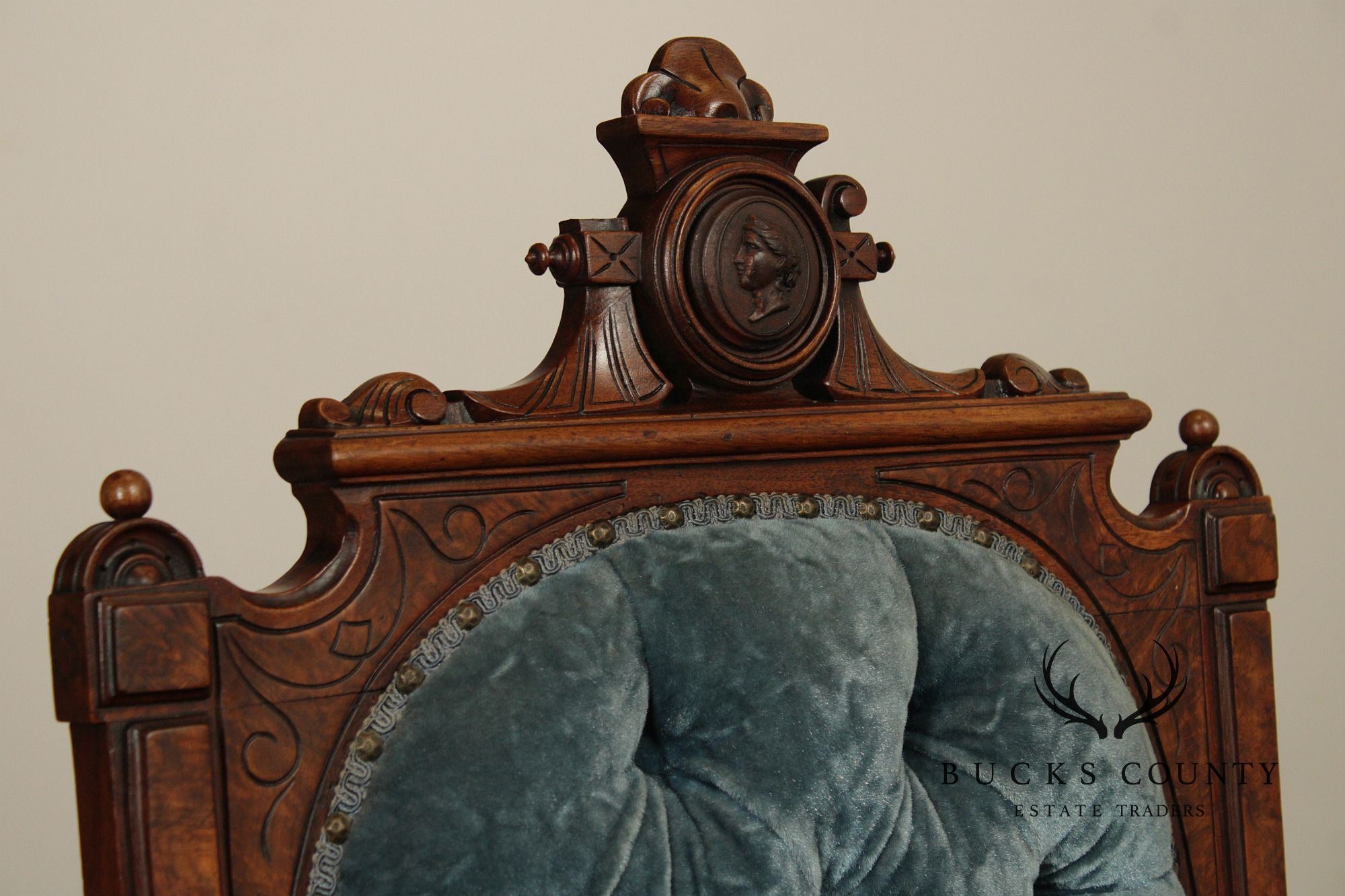 Antique Renaissance Revival Figural Carved Walnut Armchair