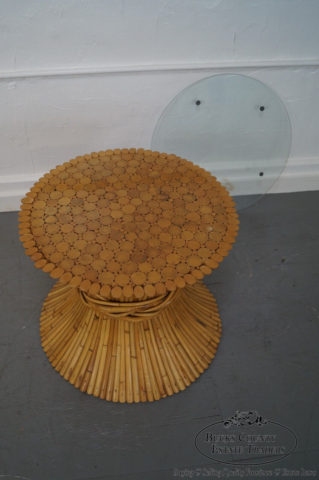 McGuire Sheaf of Wheat Bamboo Rattan Round Glass Top Coffee Table