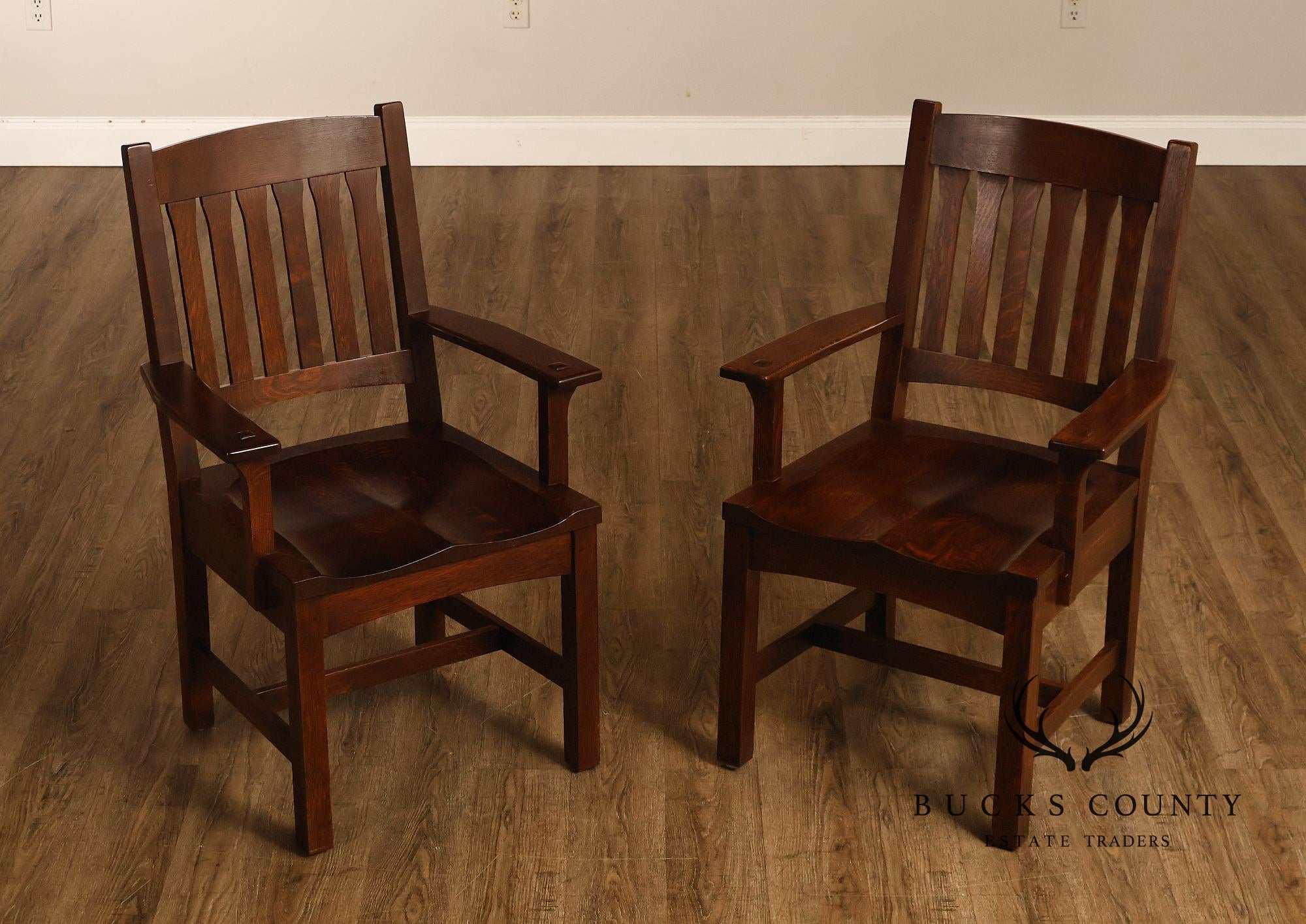 Stickley Mission Collection Pair Of Oak Cottage Armchairs