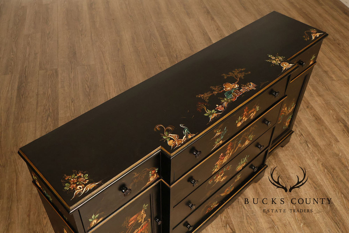 Chinoiserie Style Black Lacquer Hand Painted Sideboard With Hidden Secretary Desk