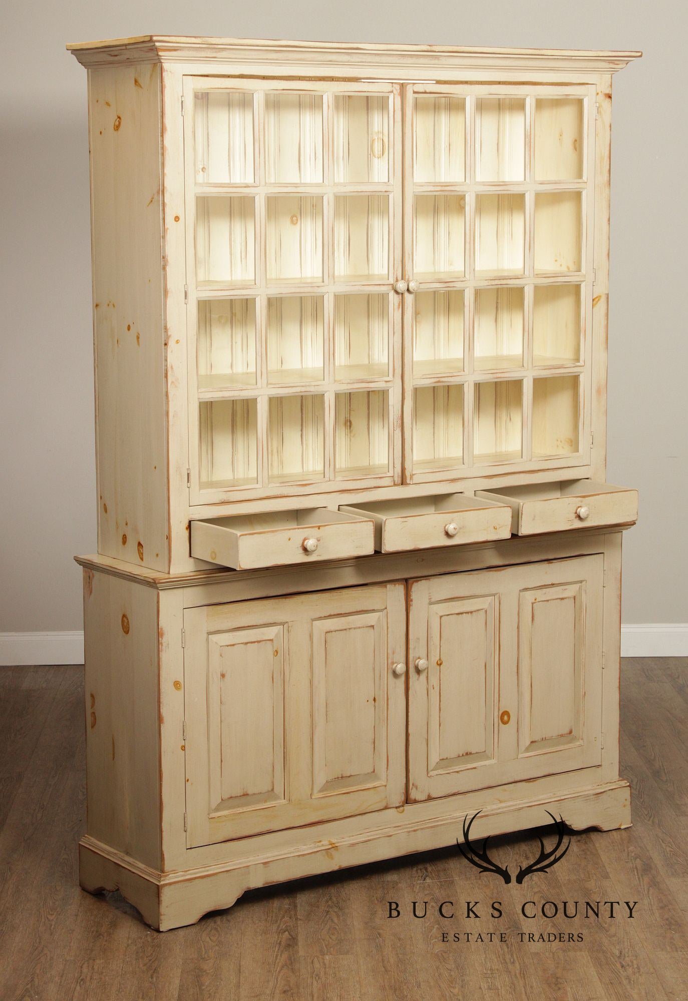 Farmhouse Distress Painted Large Step-Back Cupboard