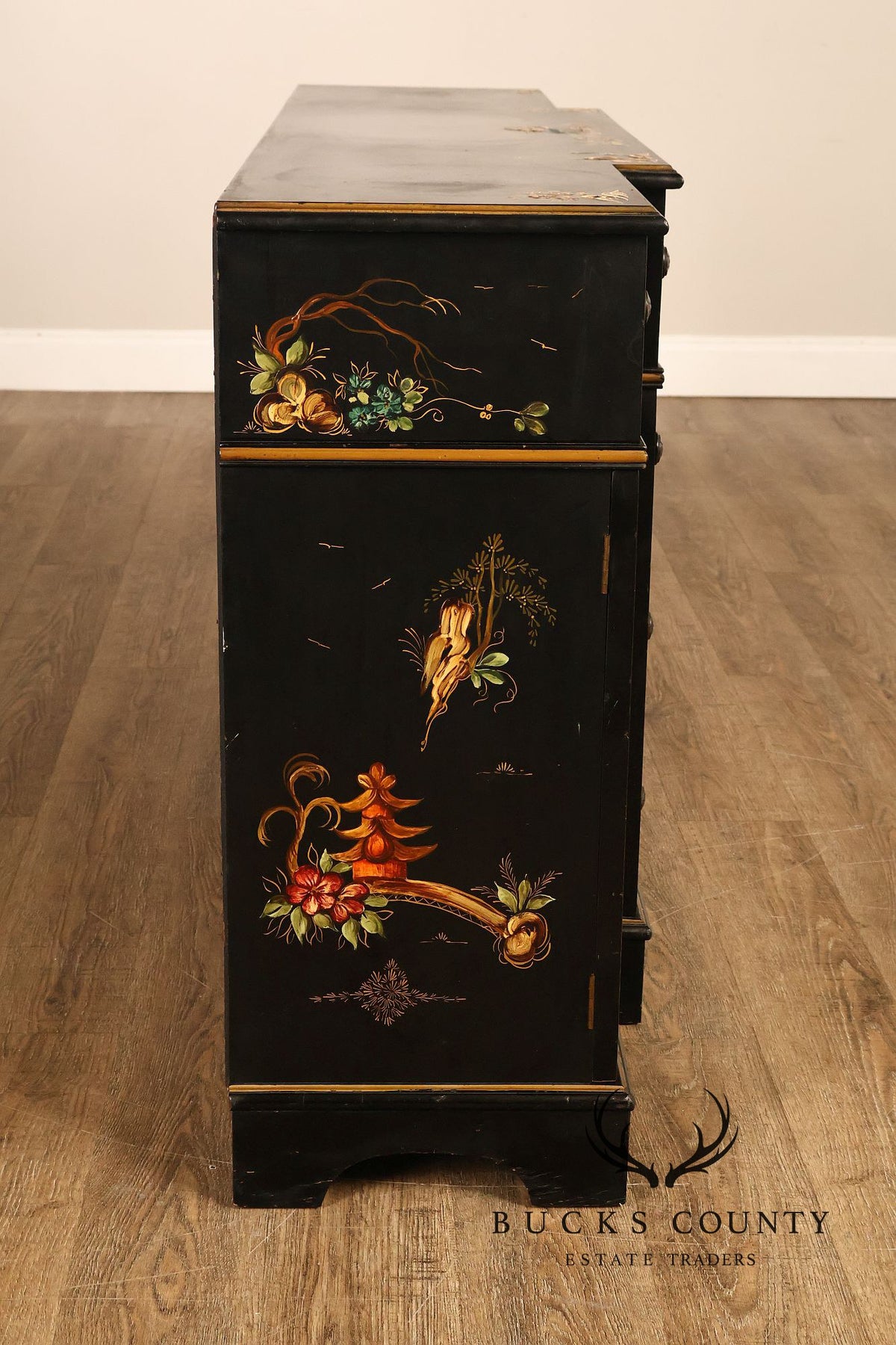 Chinoiserie Style Black Lacquer Hand Painted Sideboard With Hidden Secretary Desk