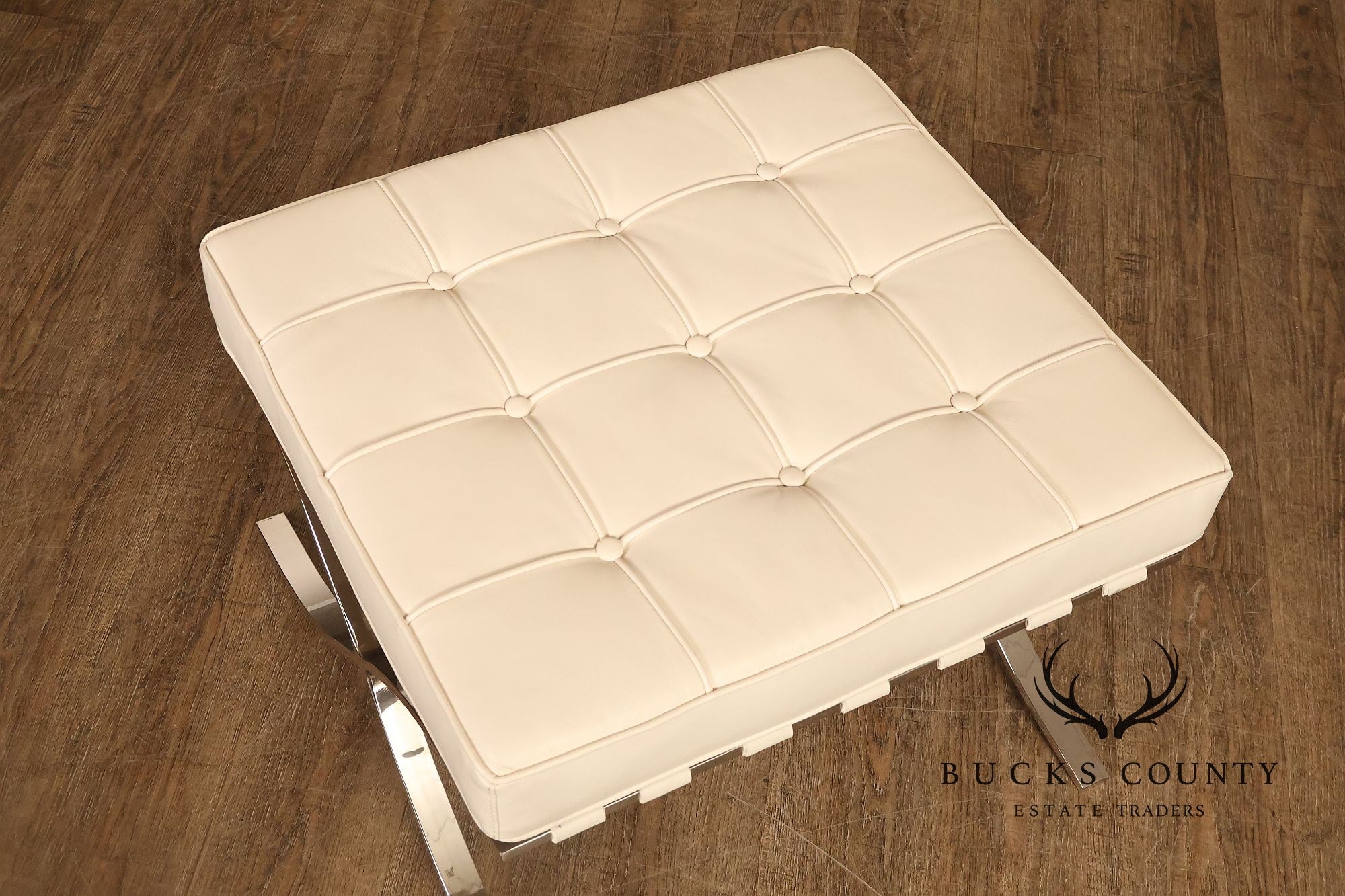 White Barcelona Style Pair Of Leather Stools With Chrome Bases