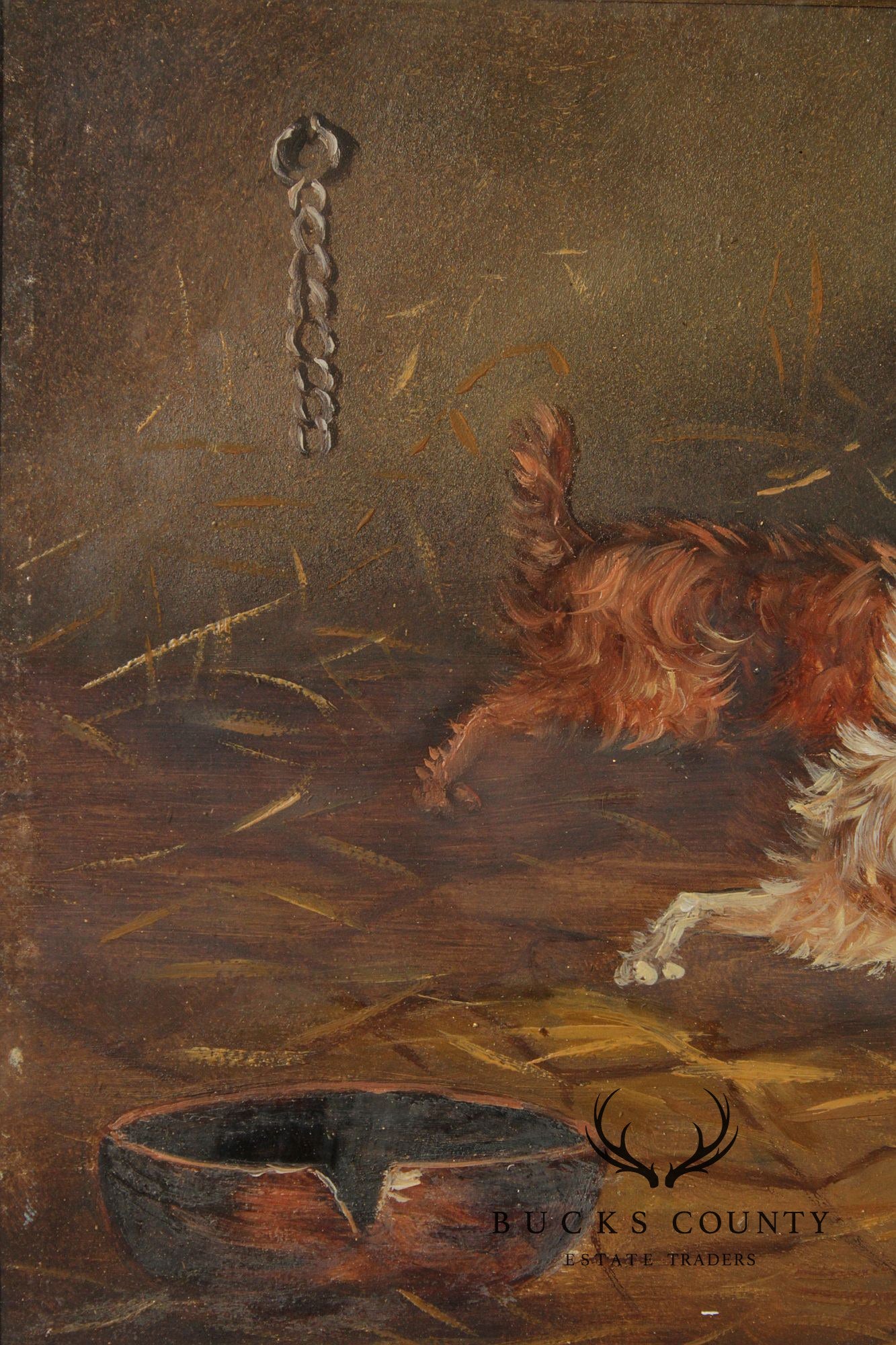 Antique English School Oil Painting, Dogs in Barn