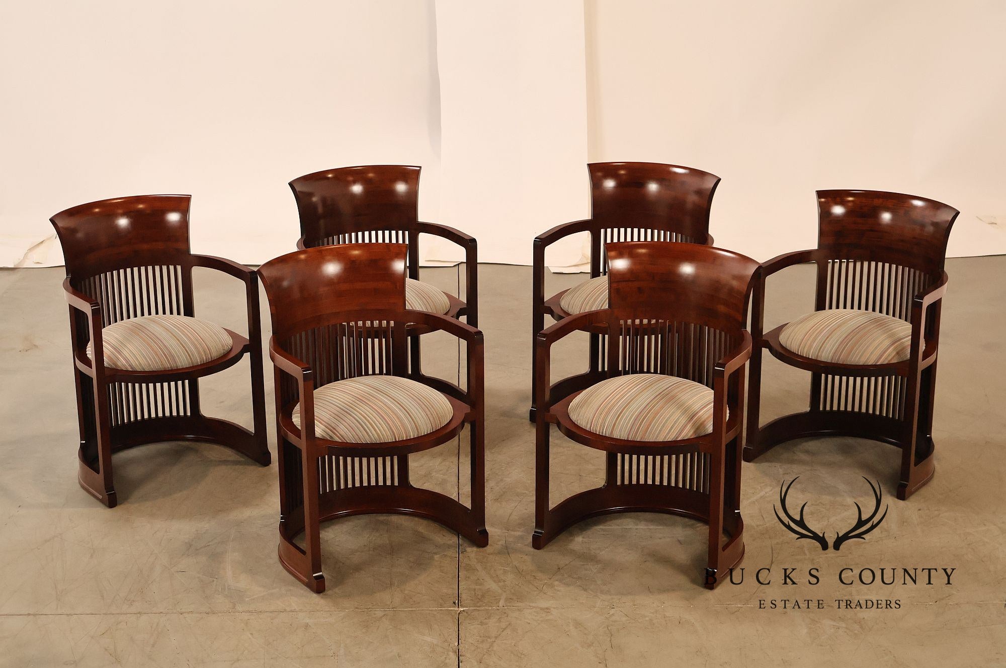 Cassina Frank Lloyd Wright Model 606 Set Of Six Cherry Barrel Dining Armchairs