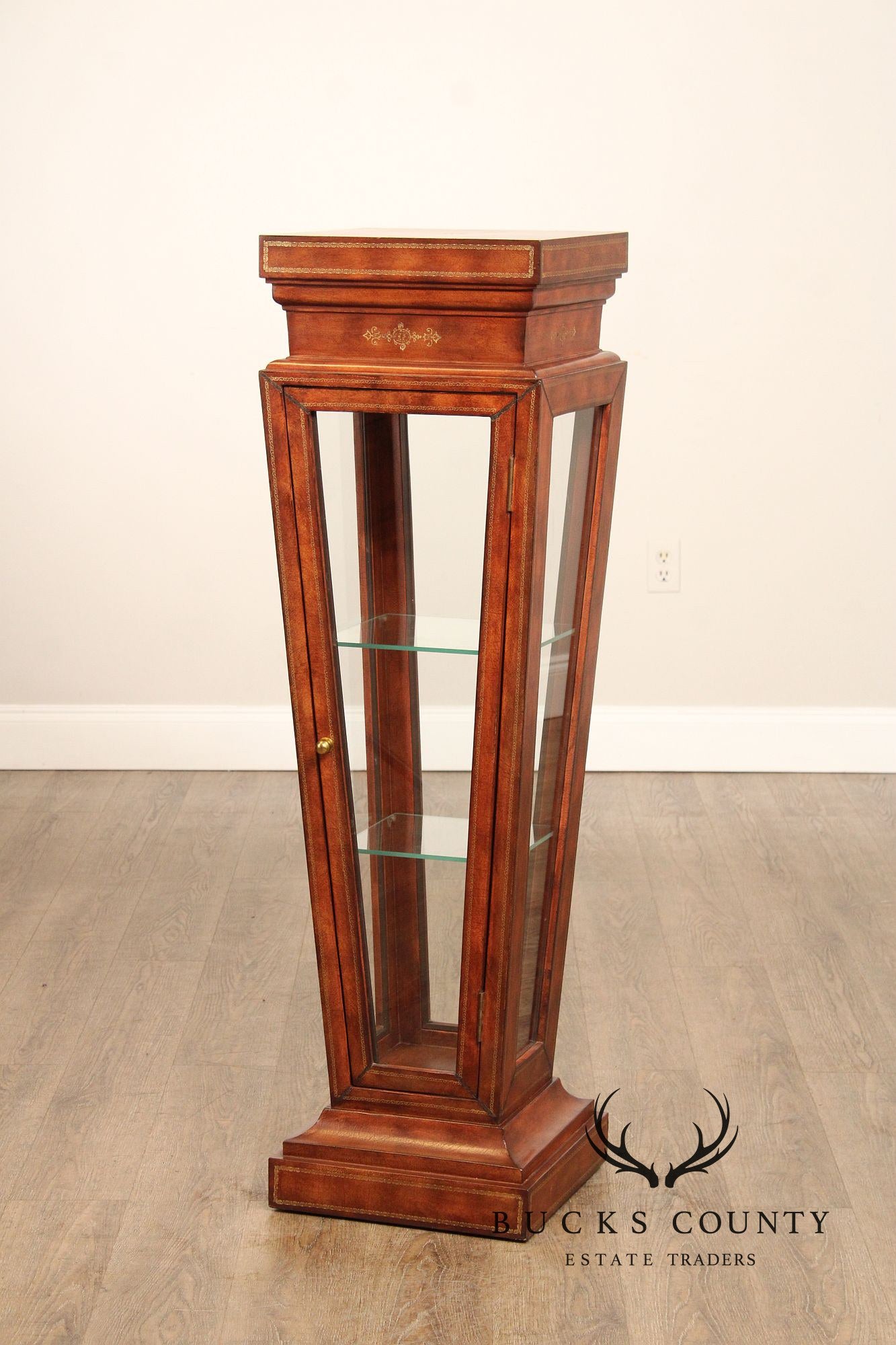 Maitland Smith Leather Wrapped Pedestal Display Cabinet