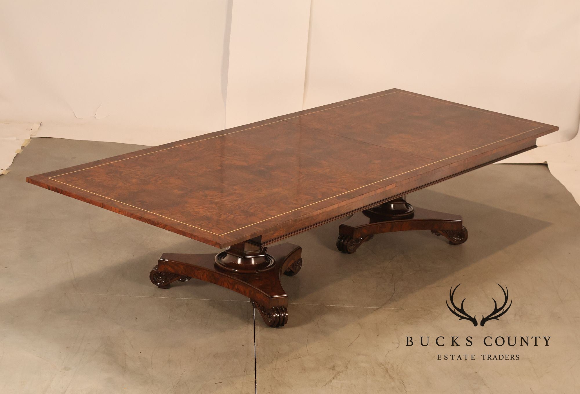 Custom Regency Style Burl Walnut Double Pedestal 12' Dining Table