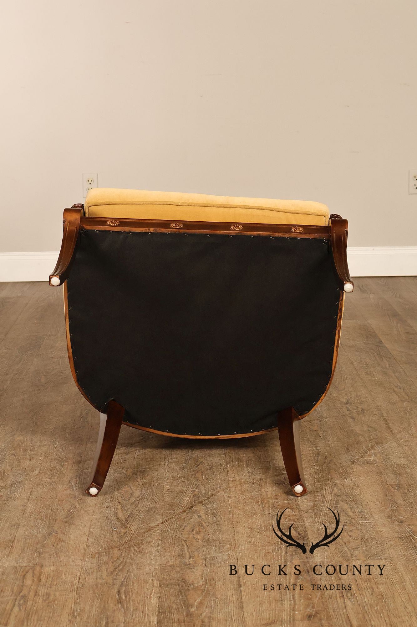 Pair Of French Empire Style Carved Mahogany Swan Motif Barrel Back Club Chairs In Gold Velvet