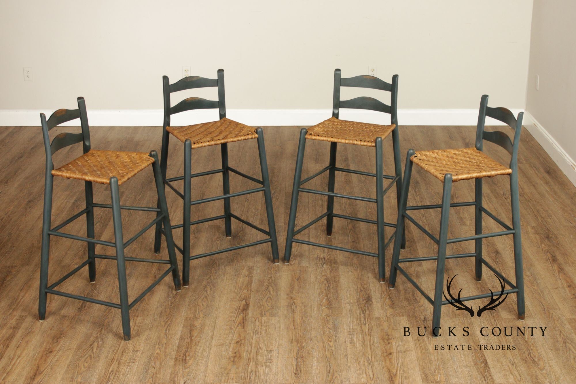 Farmhouse Style Set of Four Rush-Seat Bar Stools