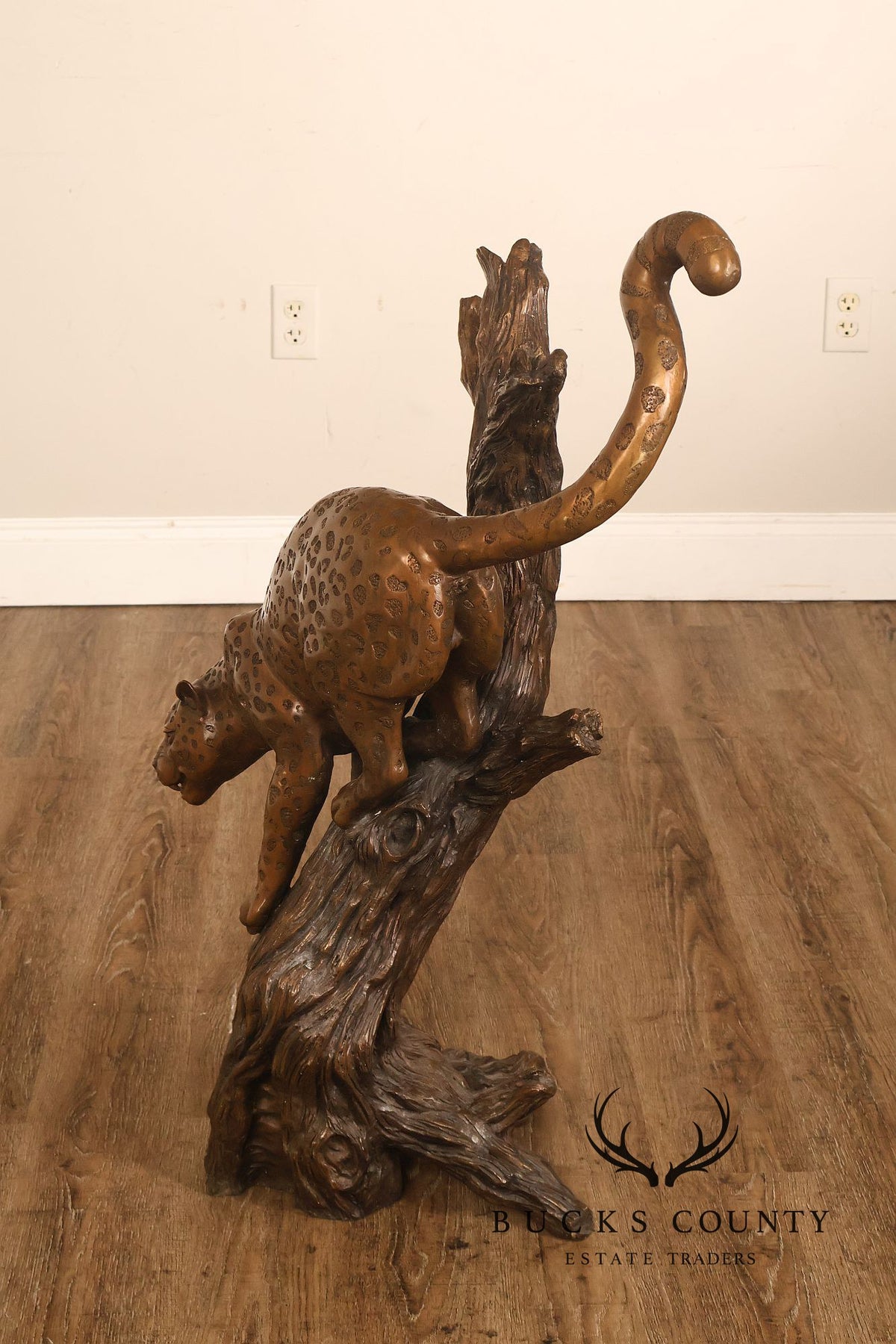 Large Bronze Leopard Sculpture On Tree Stump Base