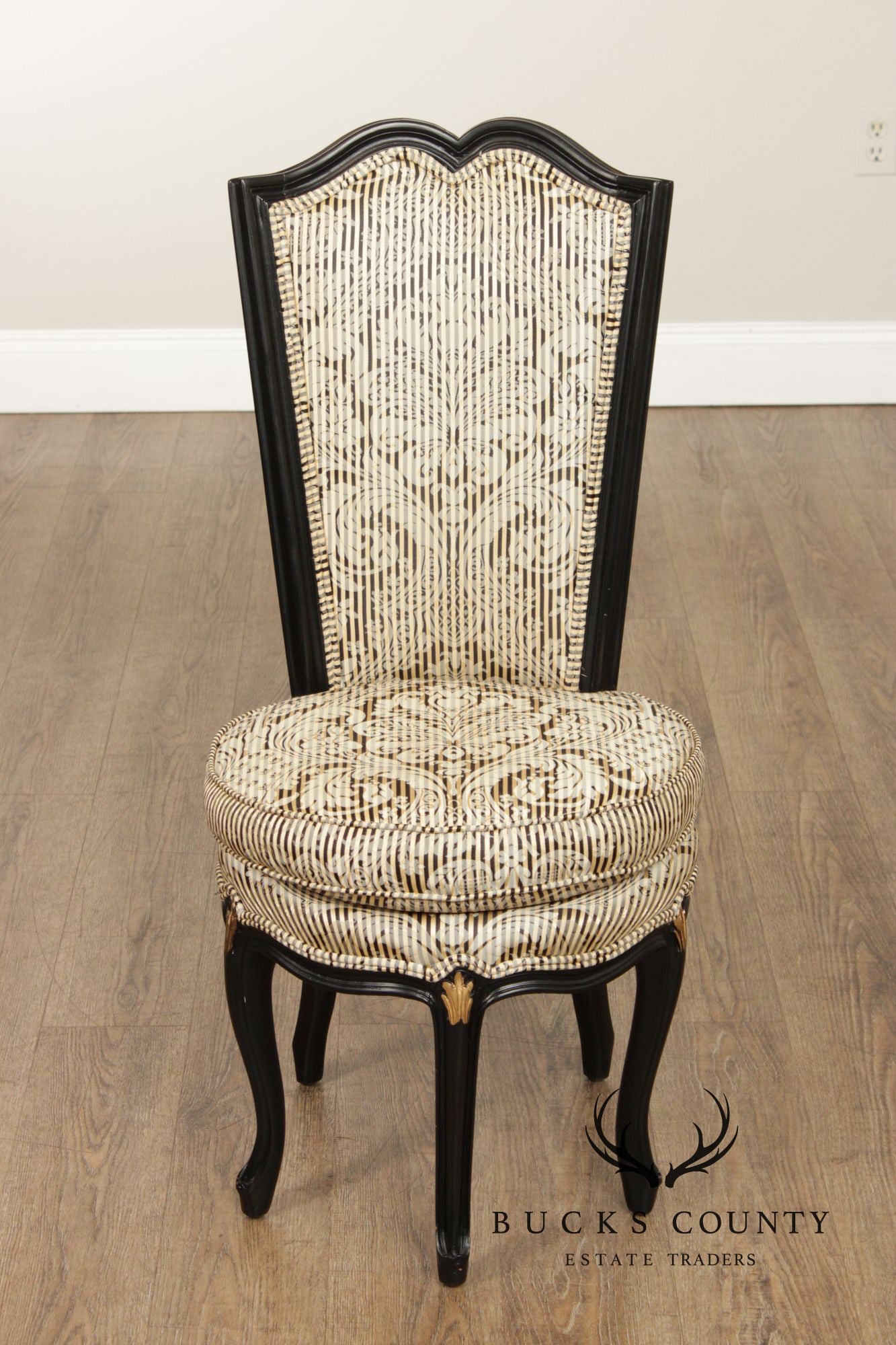 Italian Rococo Style Pair of Ebonized and Partial Gilt Side Chairs