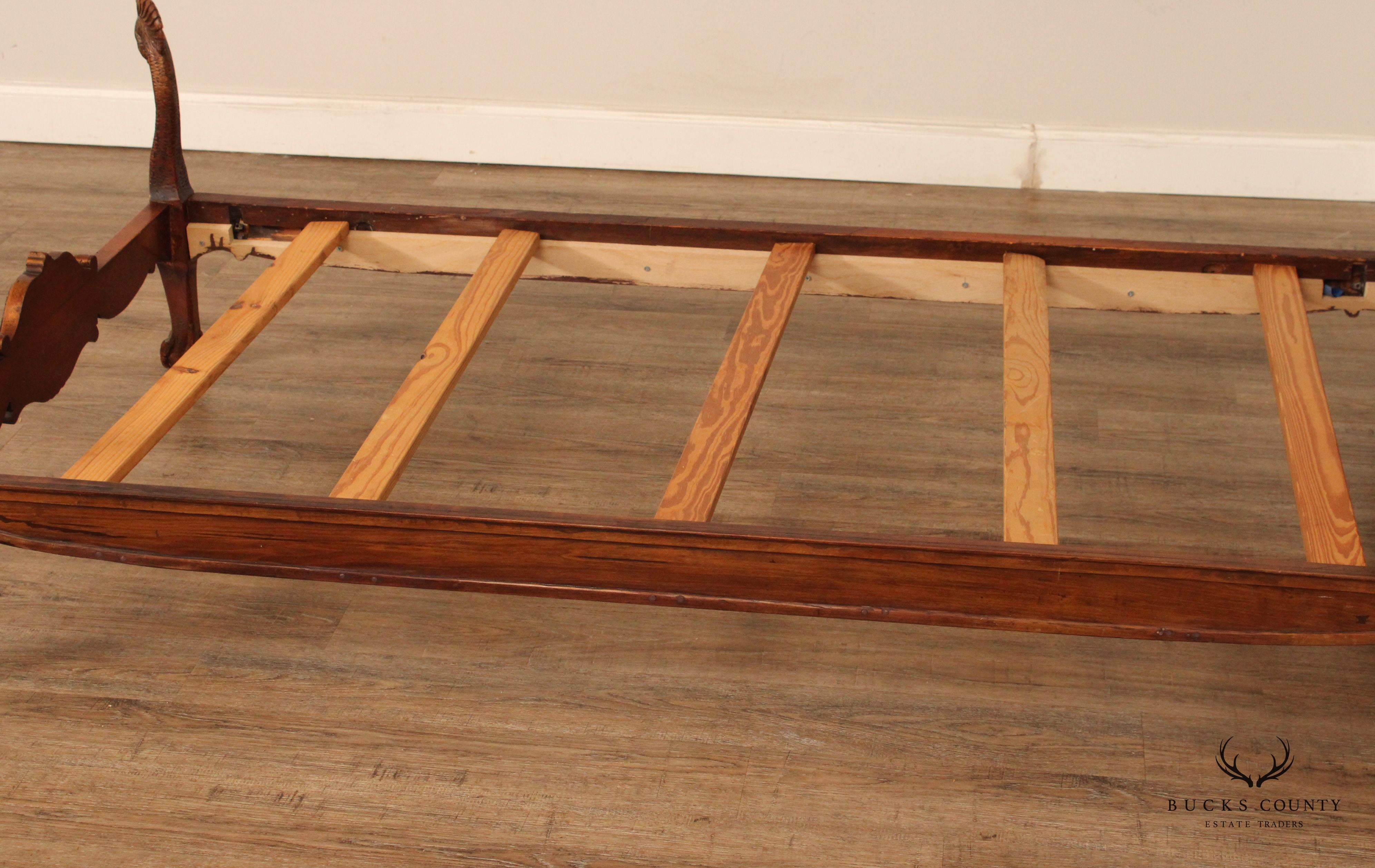 Antique French Rococo Style Peacock Carved Twin Size Bed Frame