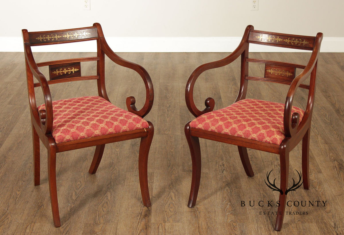 Antique English Regency Style Pair of Rosewood Brass Inlaid Armchairs