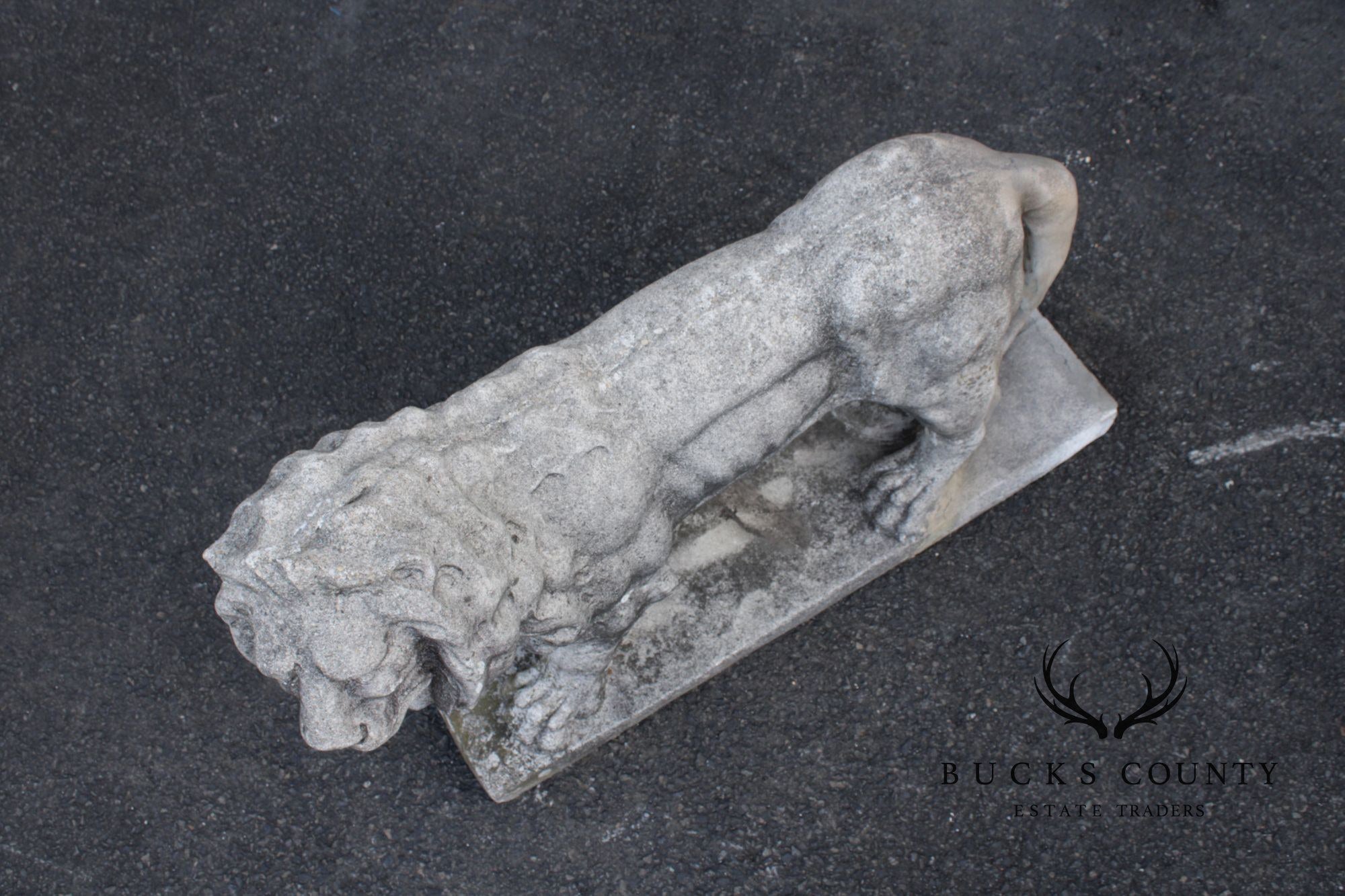 Vintage Pair Of Cast Stone Standing Lion Garden Statues