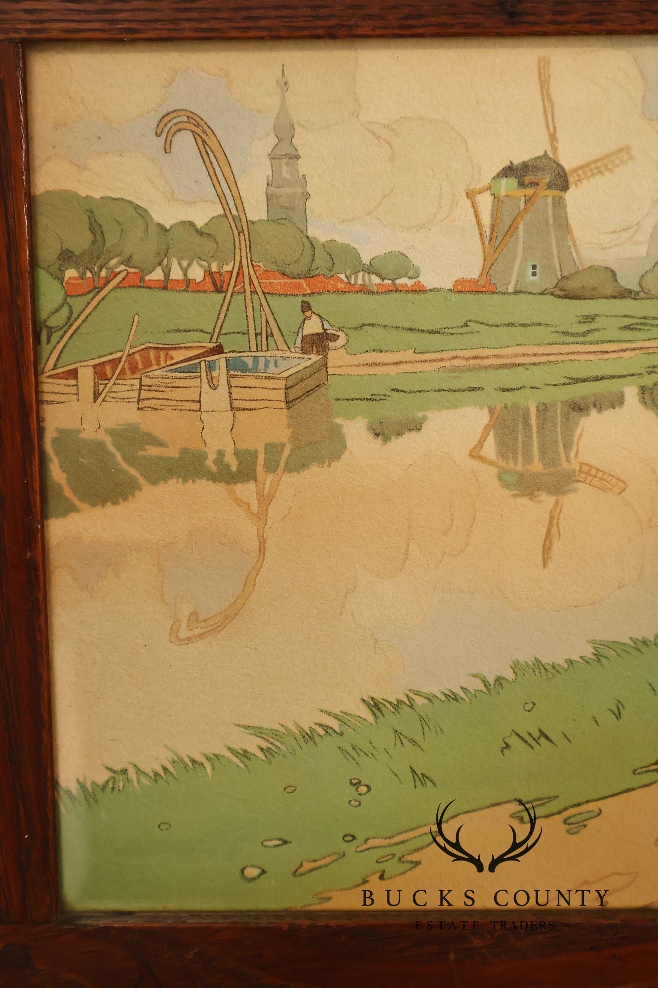 Henri Cassiers Dutch Village Scene Print in Arts & Crafts Oak Frame