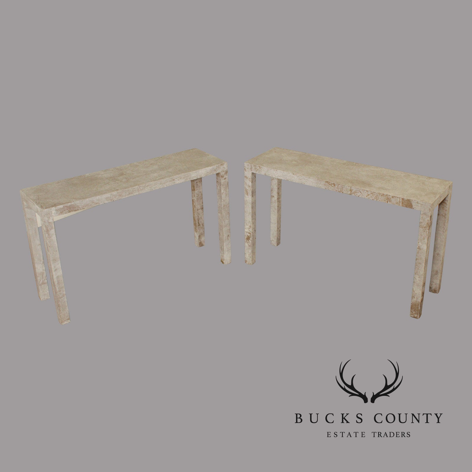 Mid Century Modern Cerused Painted Pair Of Burl Wood Parsons Console Tables