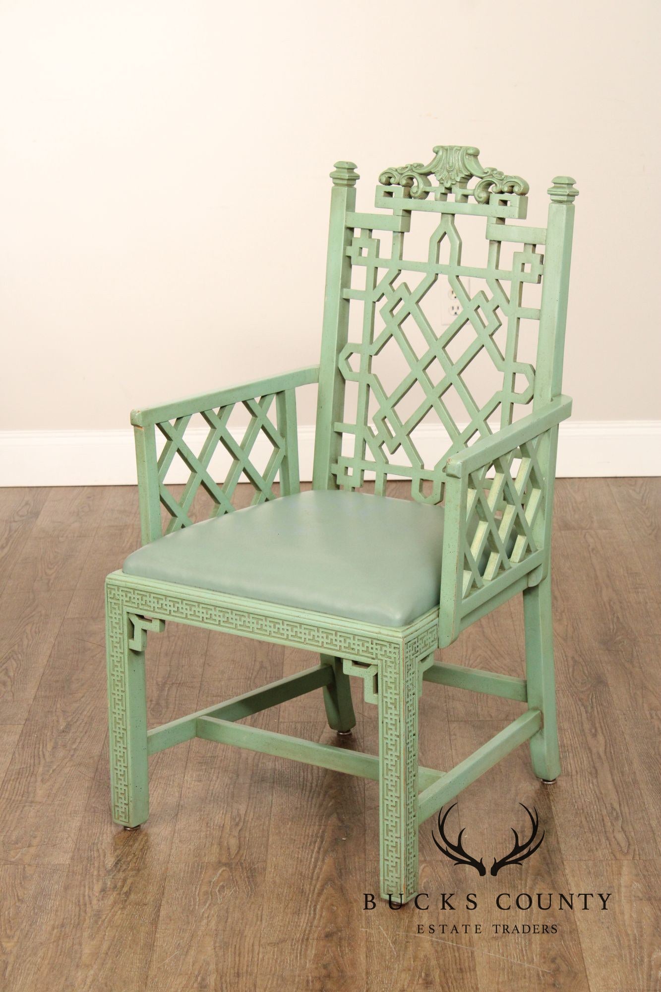 Chinese Chippendale Style Pair Painted Fretwork Armchairs
