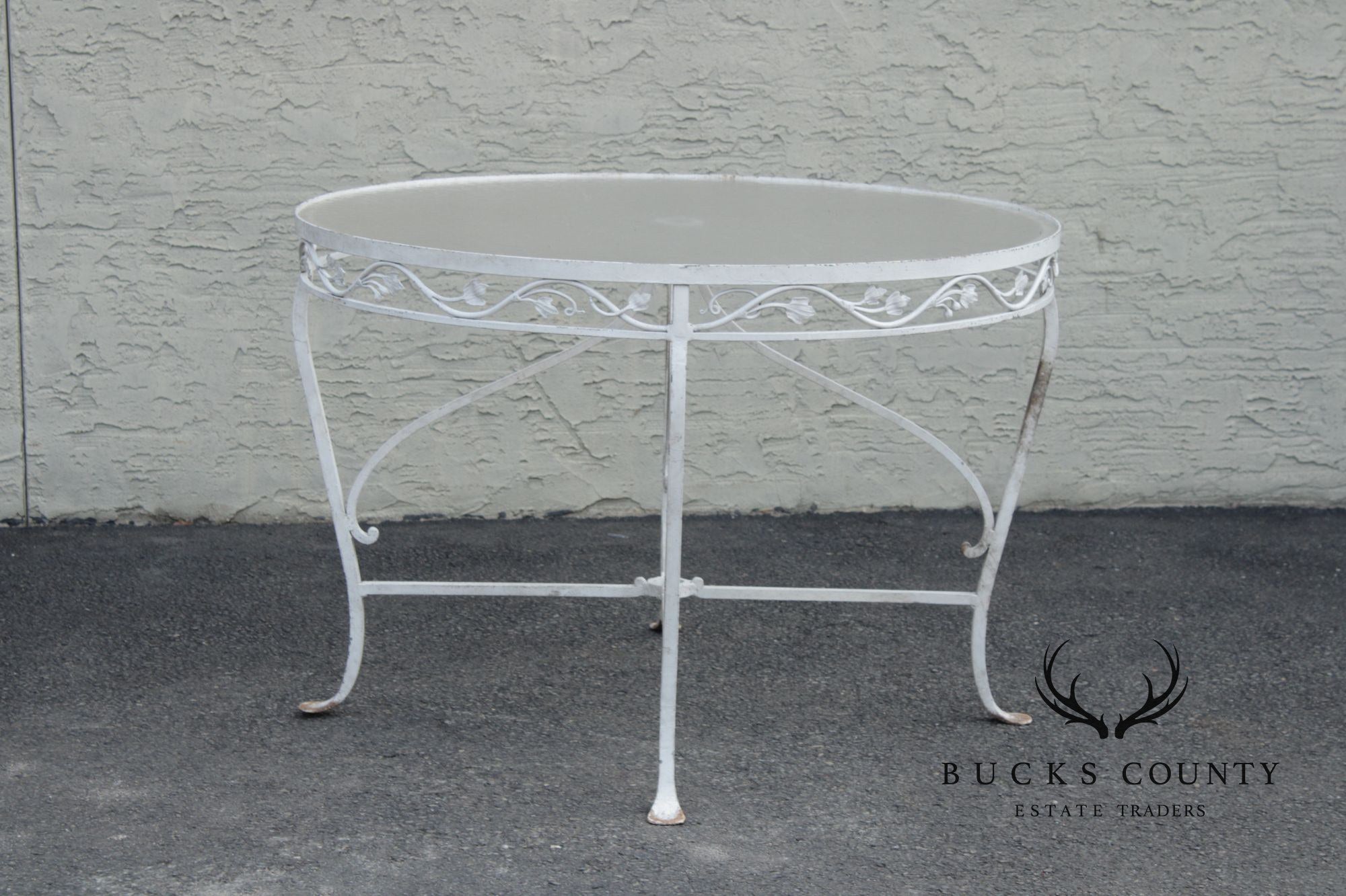 Vintage Round Glass Top Wrought Iron Outdoor Patio Dining Table