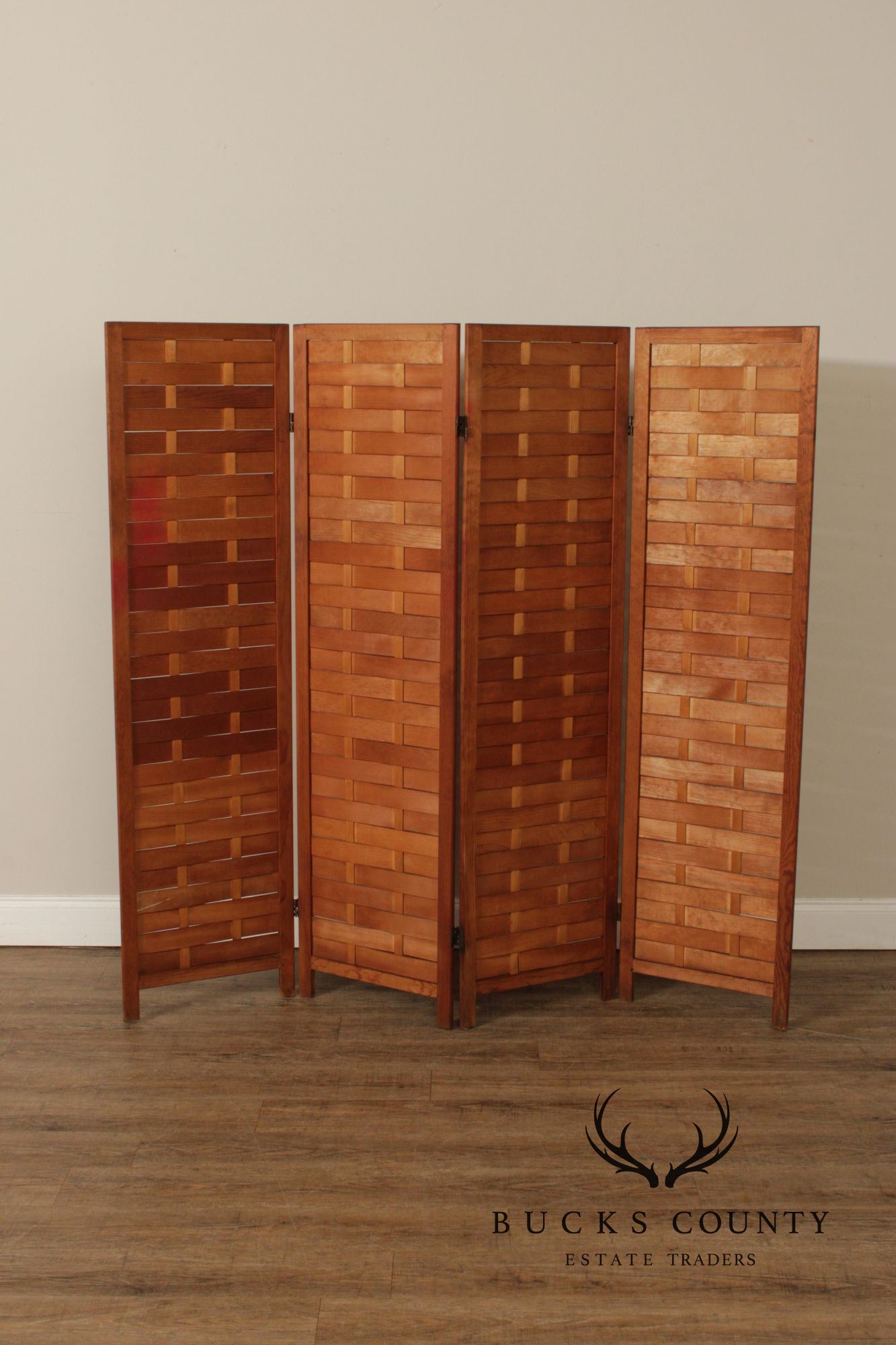 Mid Century Modern Woven Wood Four-Panel Screen