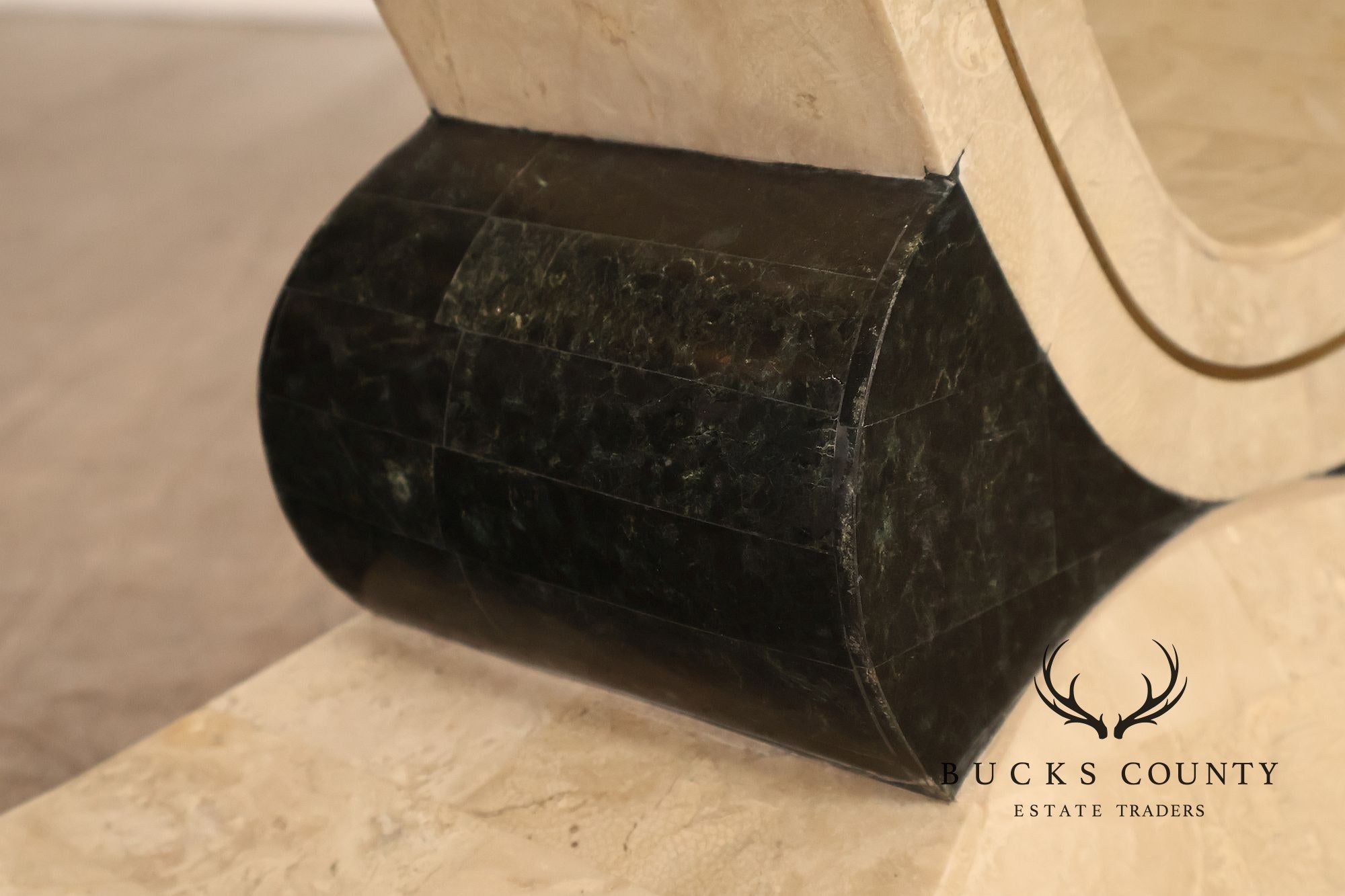 Postmodern Glass Top Travertine Console Table