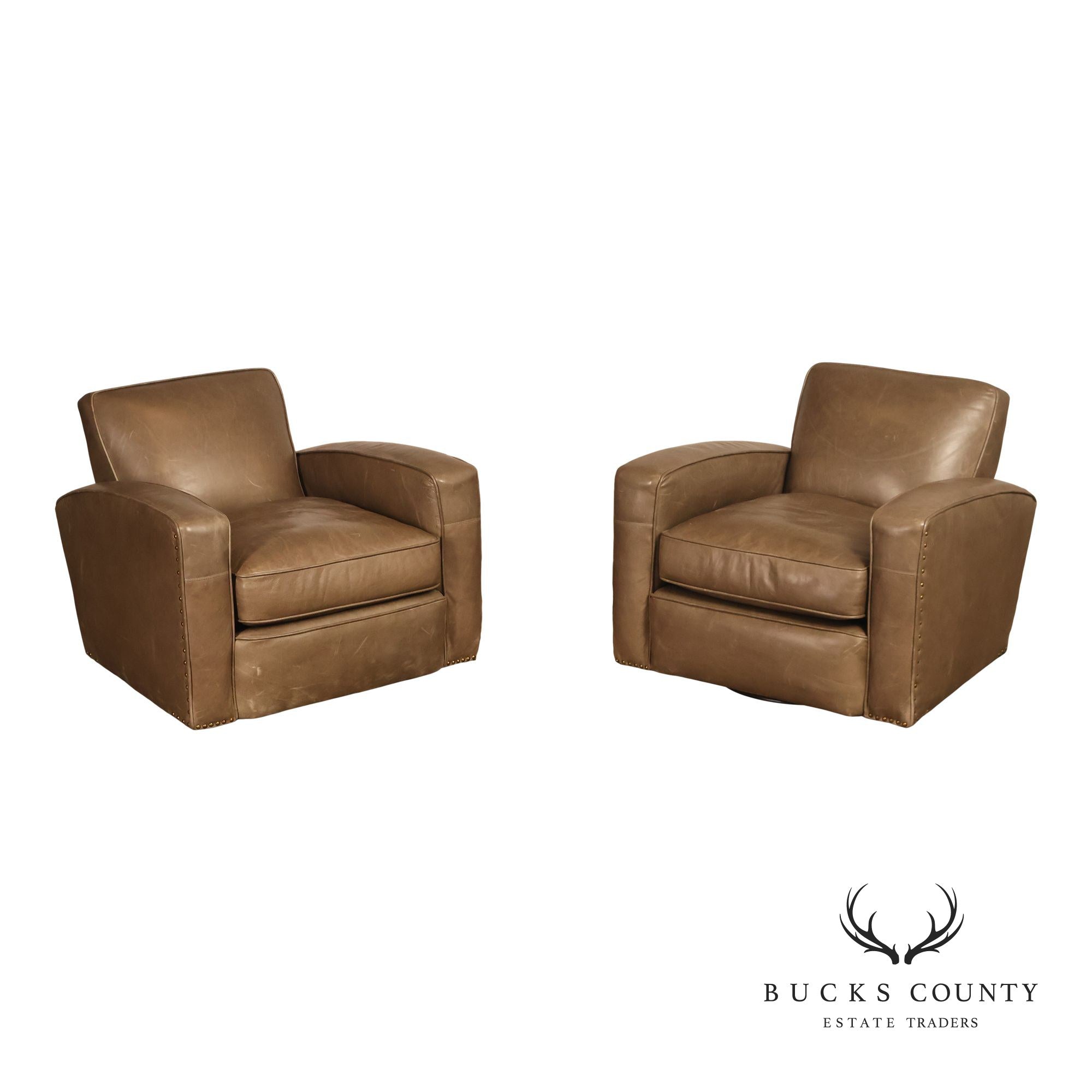 Restoration Hardware Pair Of Leather Swivel Club Chairs