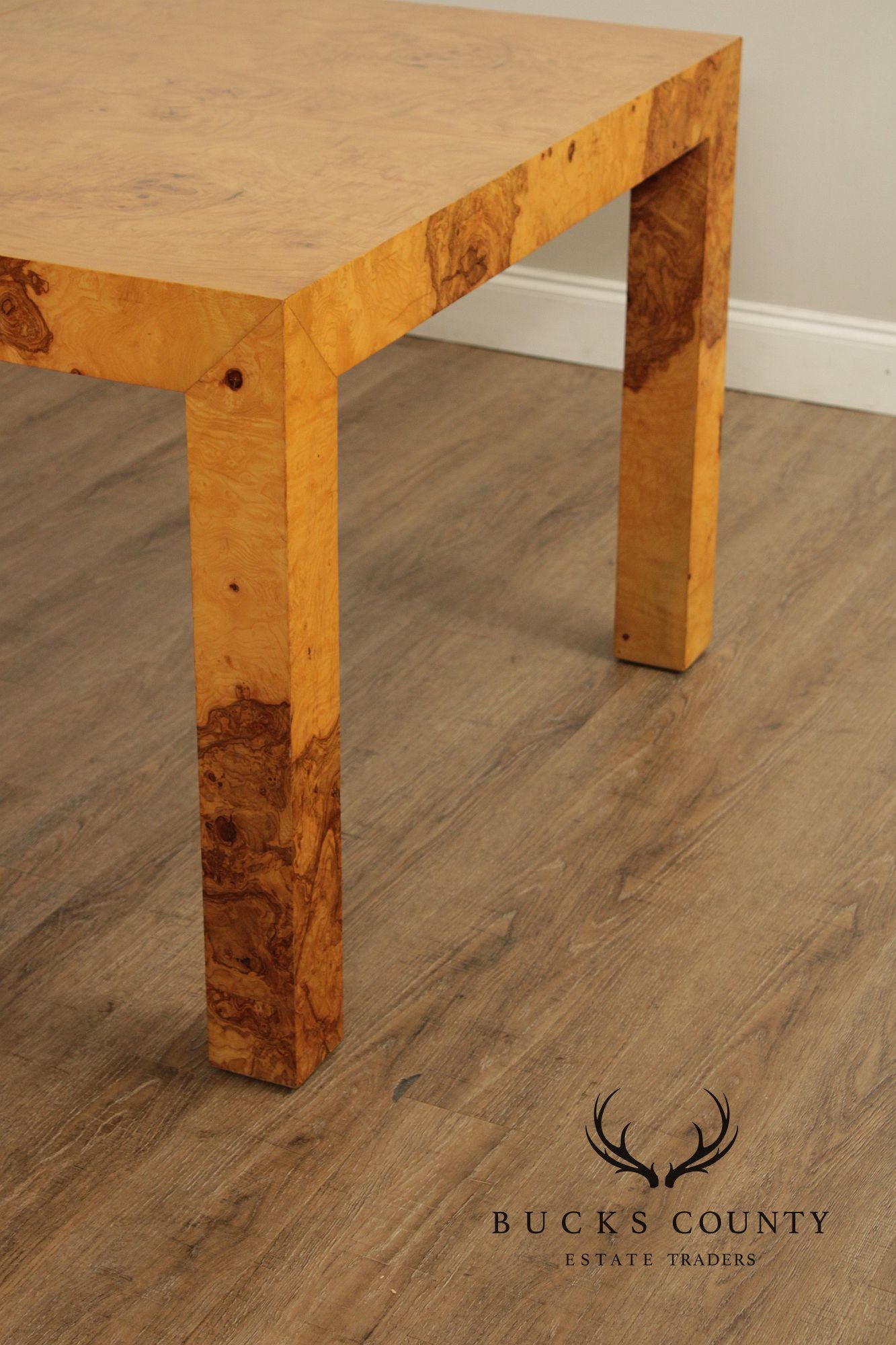 Mid-Century Modern Burlwood Parsons Extension Dining Table with 2 Leaves