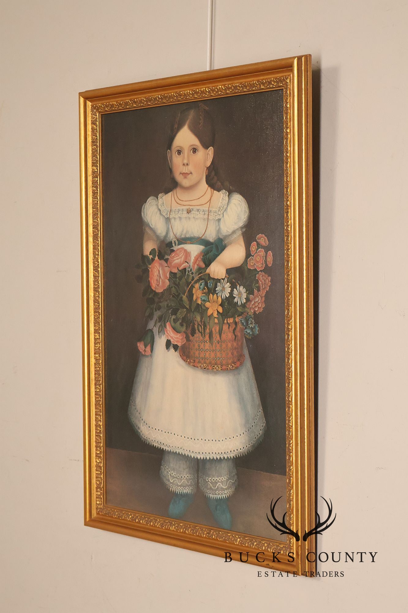 Framed Girl With Basket Of Flowers Print After An American Folk Portrait