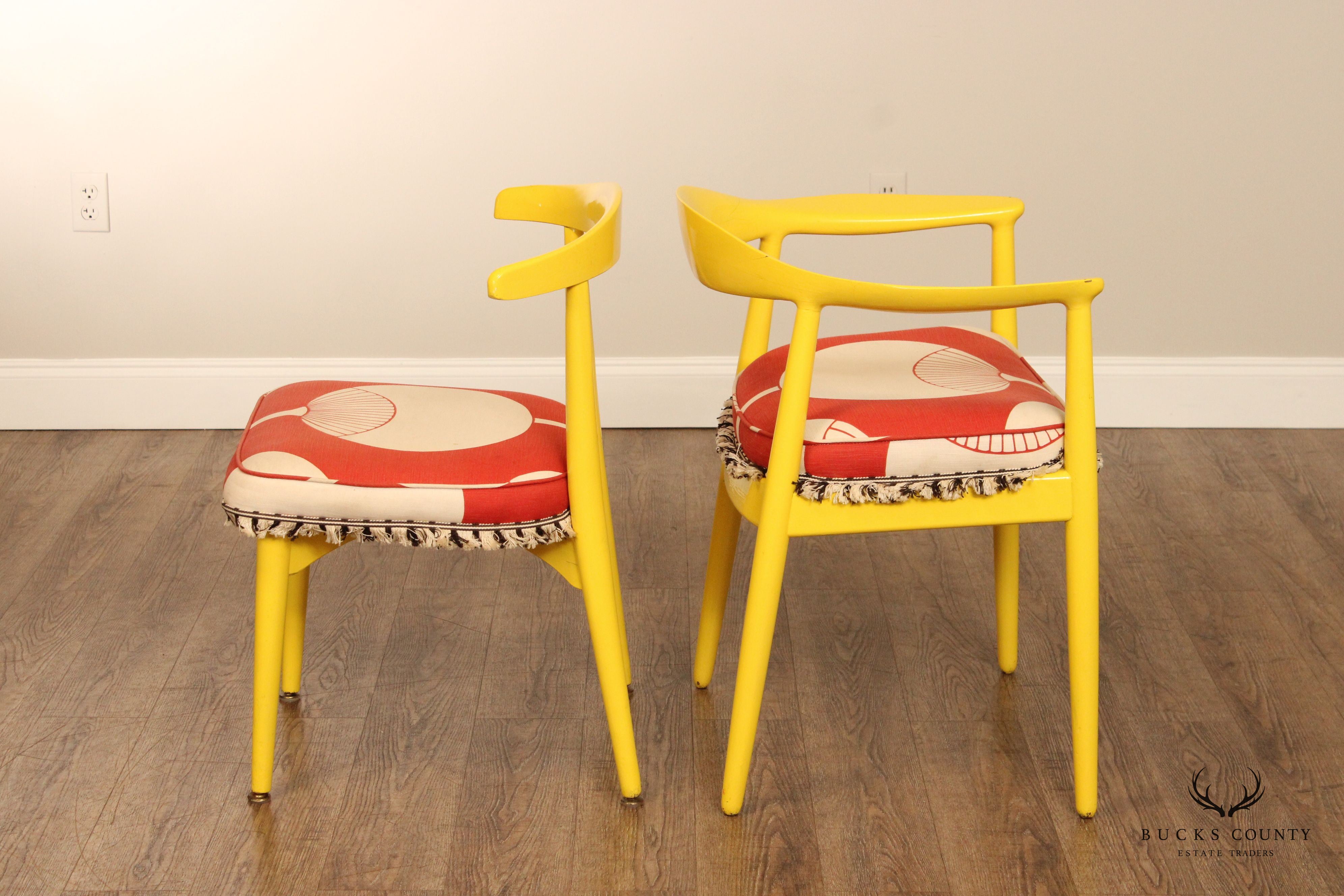 Vintage Mid Century Modern Pair Of Yellow Barrel Back Dining Chairs With Graphic Upholstery
