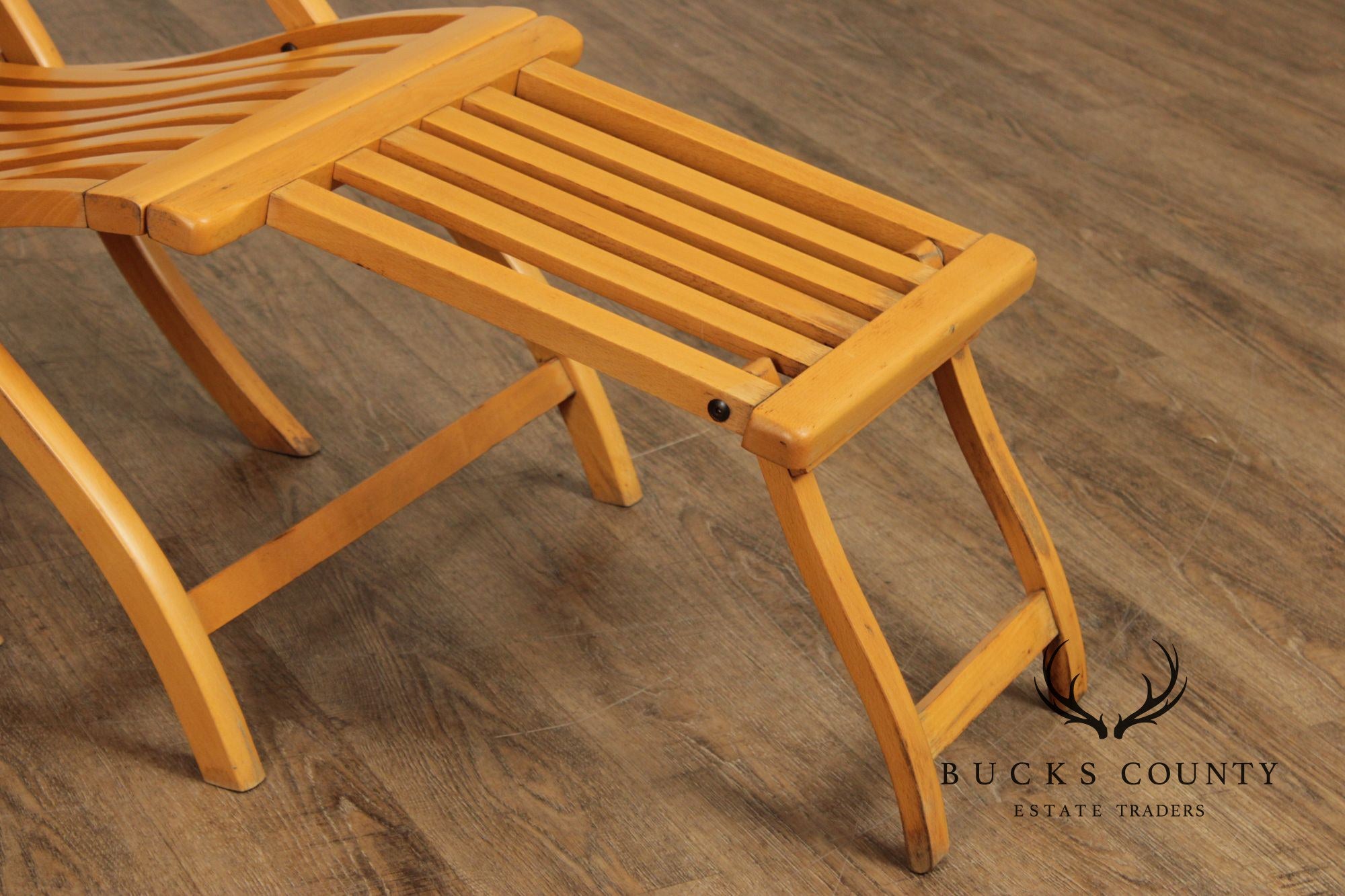 Vintage Campaign Style Pair of Maple Folding Cruise Ship Steamer Lounge Chairs