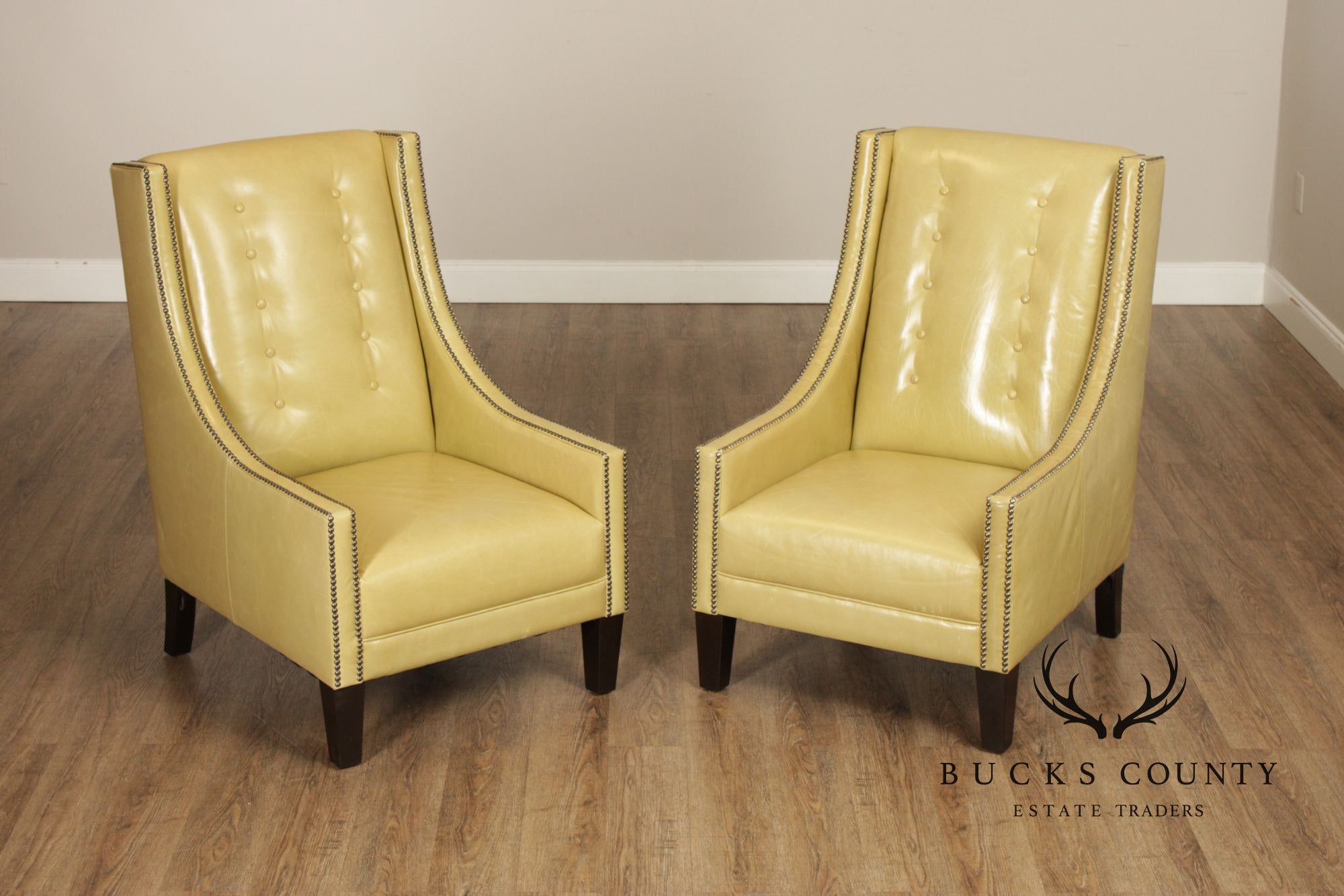 Pair Of Contemporary Style Yellow Leather Lounge Chairs