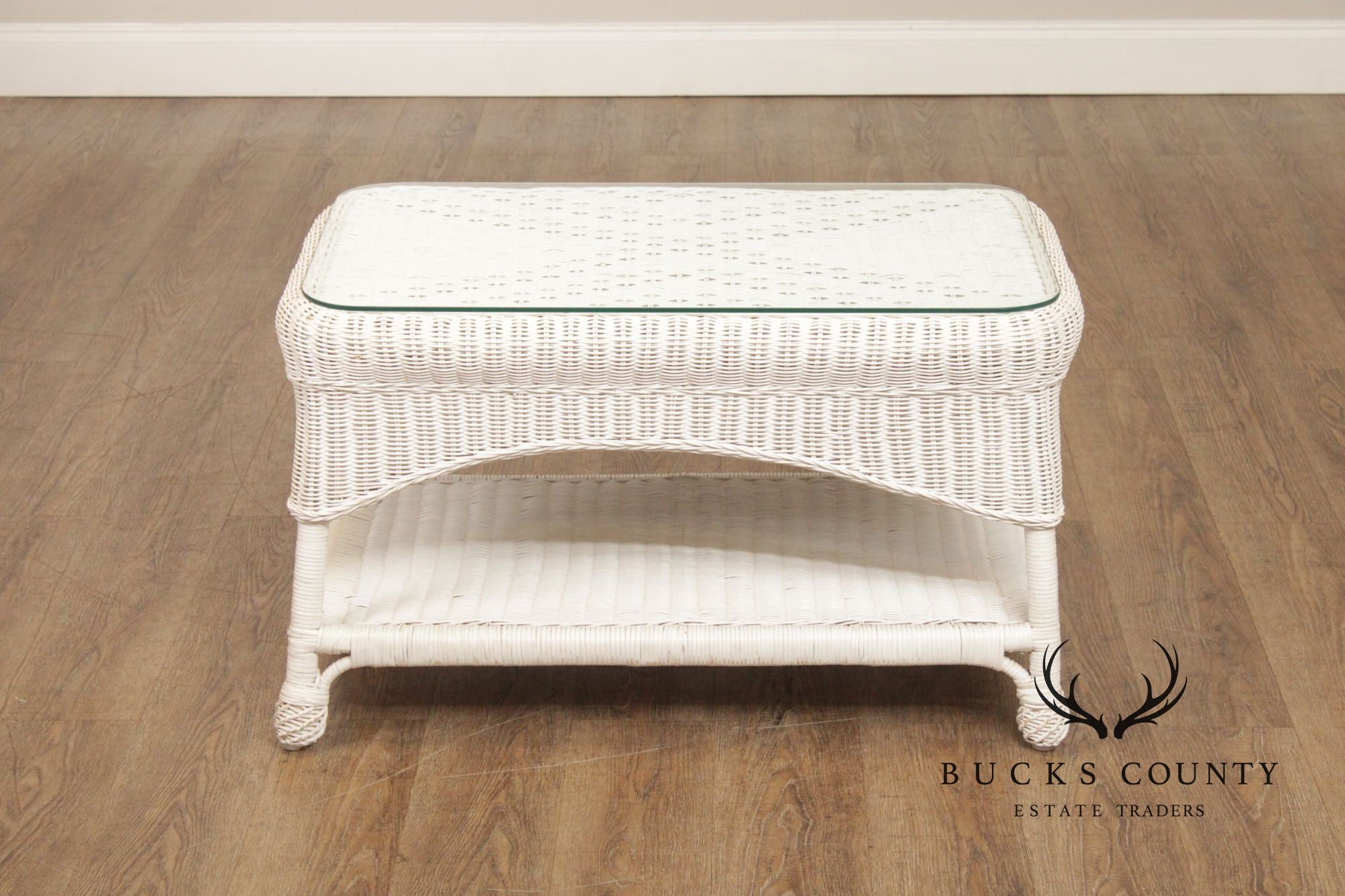 White Wicker Glass Top Coffee Table