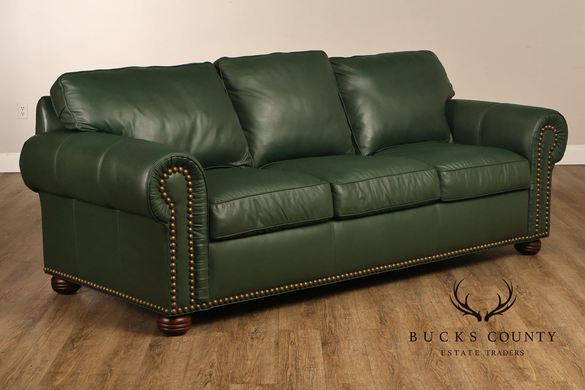 Green Leather Sleeper Sofa with Nailhead Trim