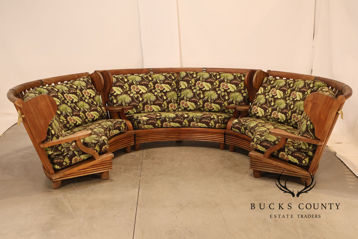 Curved Teak Modular Sofa With Floral Upholstery