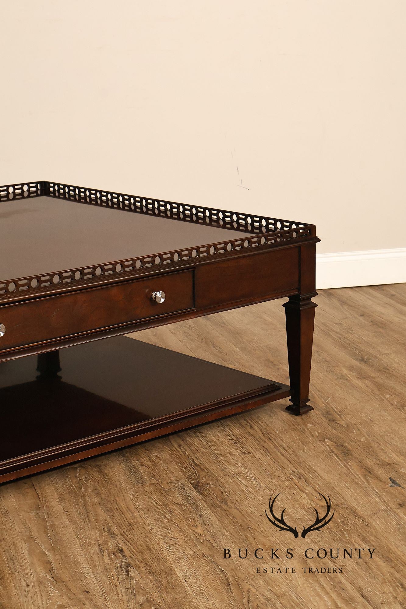 Century Furniture Large Mahogany Two Drawer Gallery Top Rectangular Cocktail Coffee Table
