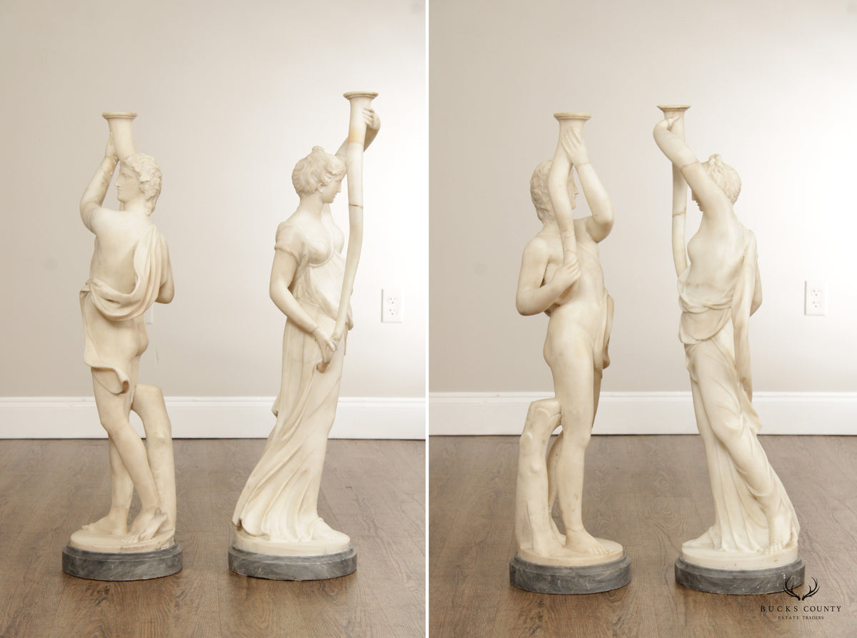 Antique Neoclassical Style Pair Large Carved Marble Figural Statues