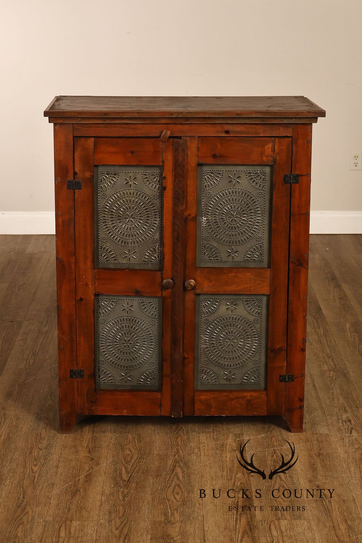 Antique American Country Pine Pie Safe Cabinet With Punched Tin Panels