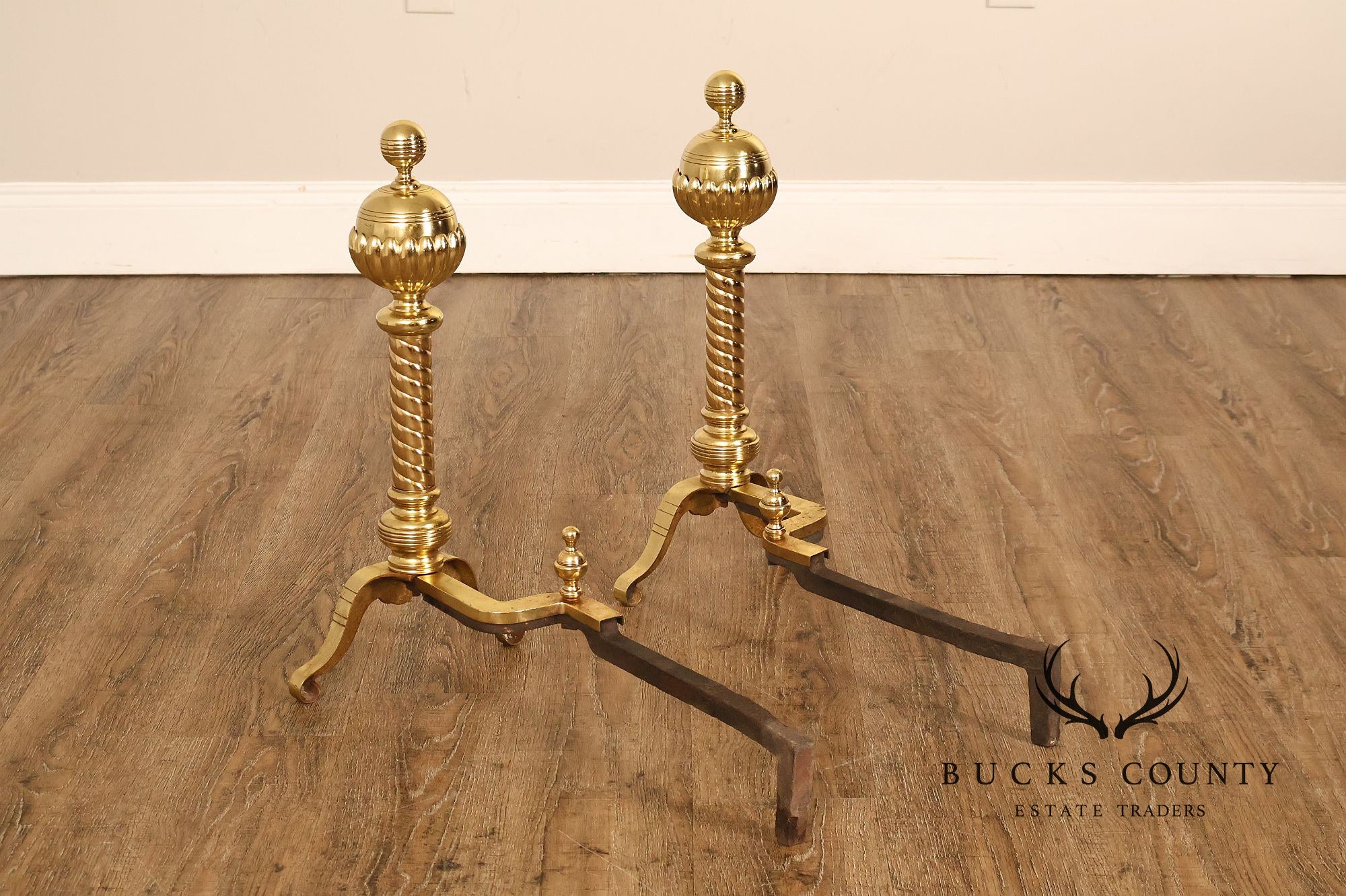 Georgian Style Pair of Polished Brass Fireplace Andirons