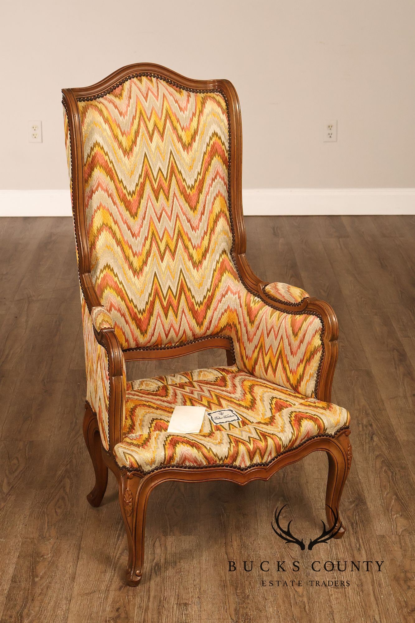 Baker Furniture French Style High Back Upholstered Wingback Armchair with Nailhead Trim