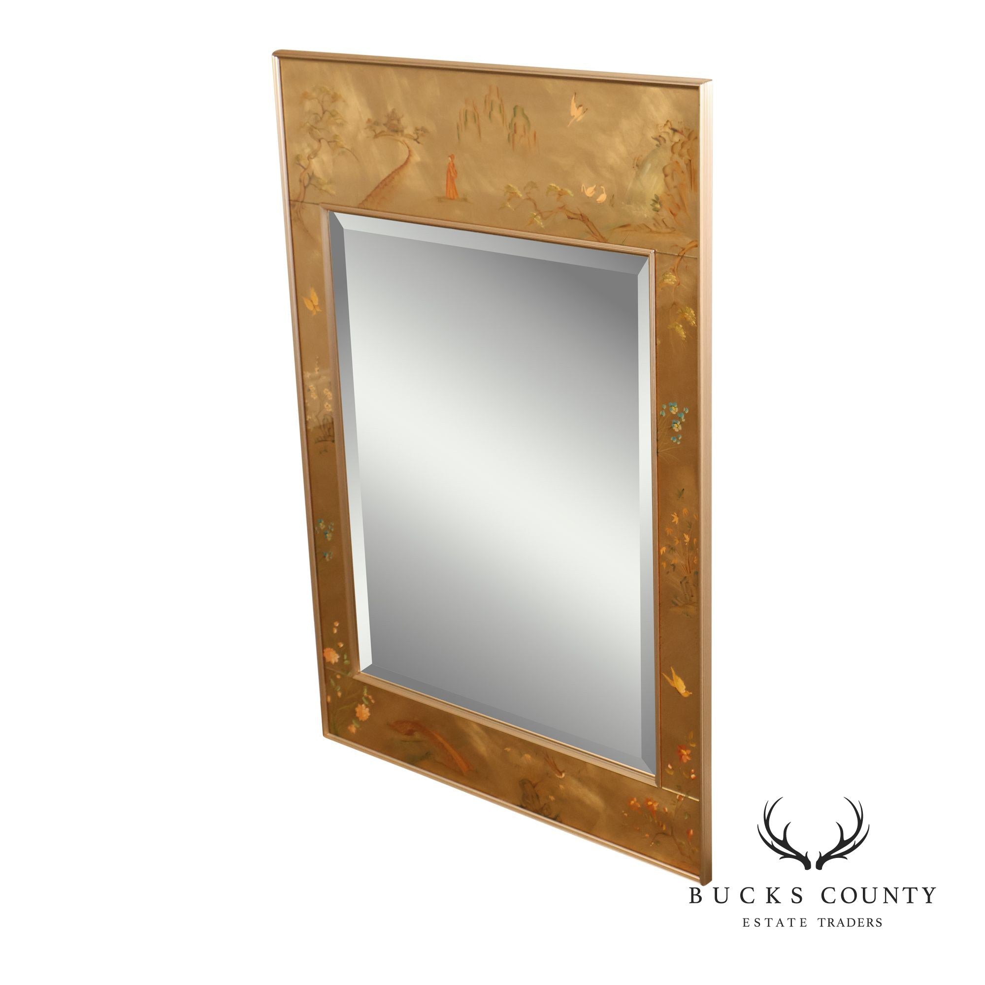 LaBarge Chinoiserie Eglomise Brass Wall Mirror