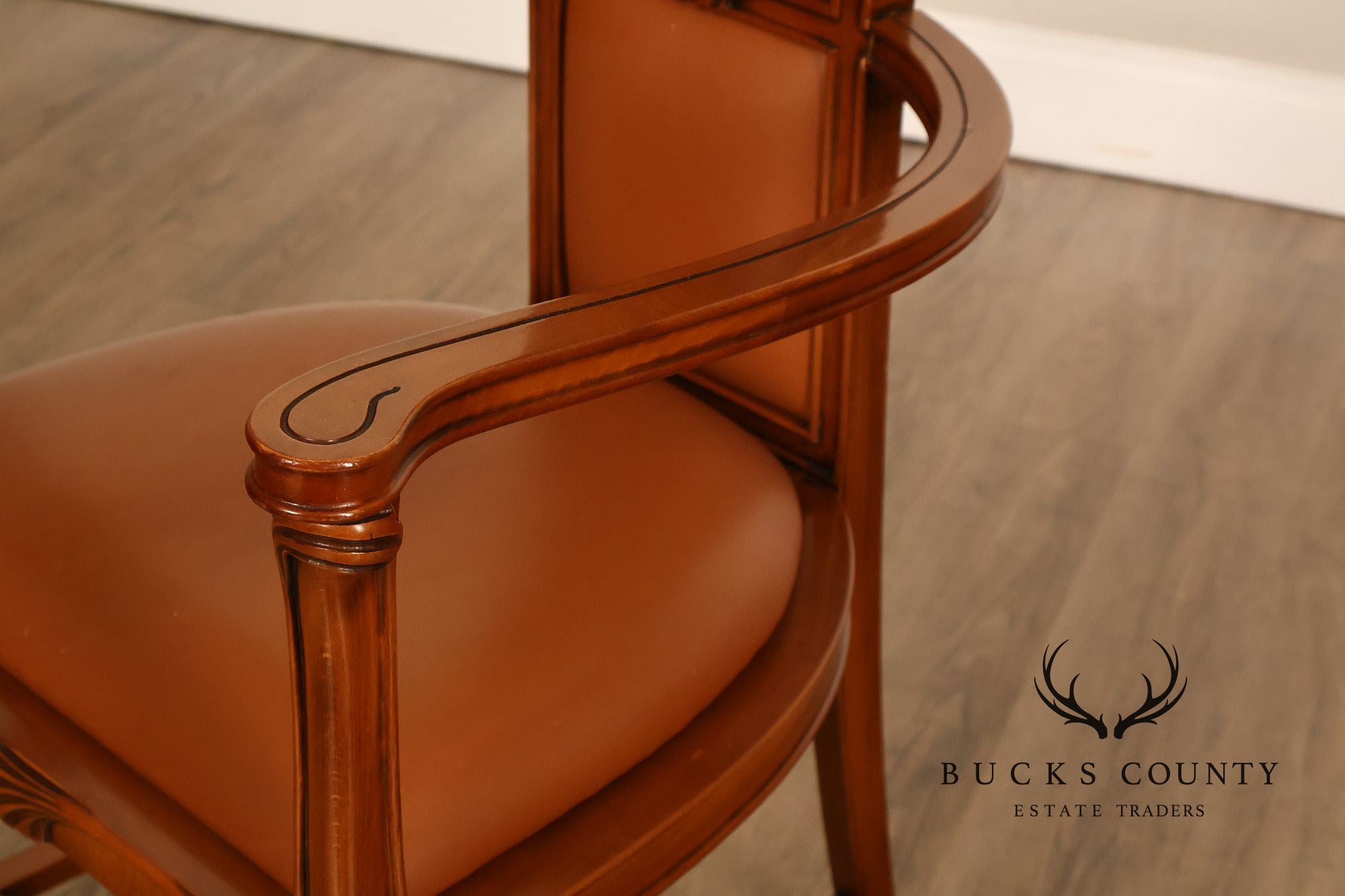 Antique Art Nouveau Carved Wood And Leather Armchair