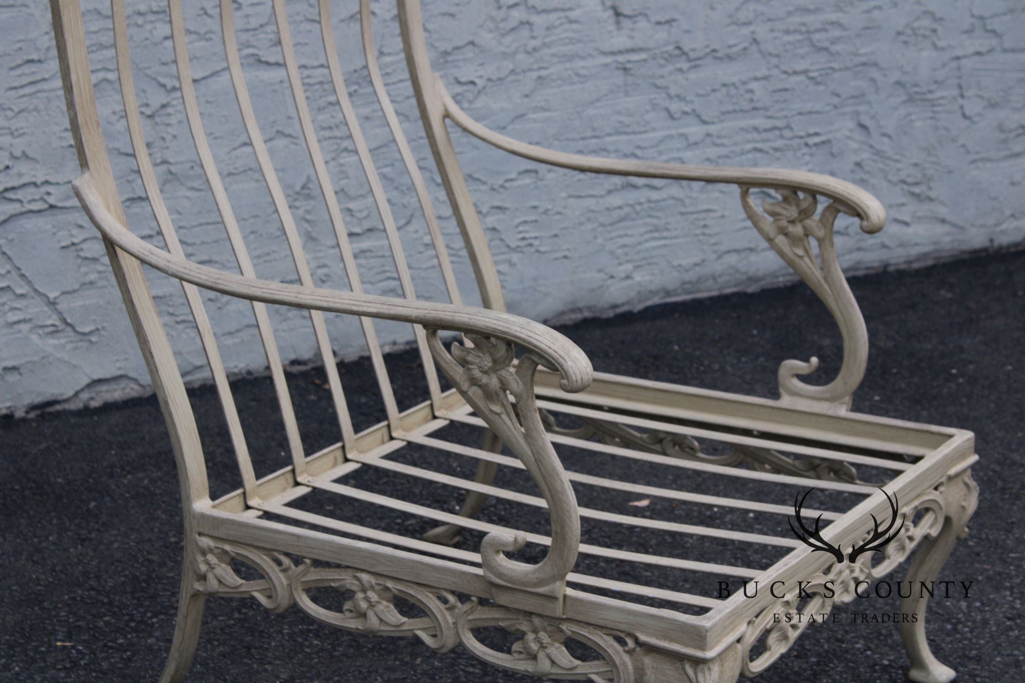 BROWN JORDAN PAIR OF CAST ALUMINUM 'DAY LILY' OUTDOOR PATIO LOUNGE CHAIRS WITH OTTOMAN