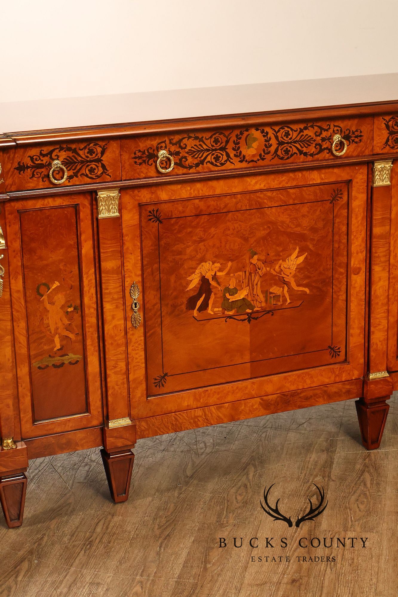Rho Mobili D'Epoca Neoclassical Burl Wood Marquetry Inlaid Sideboard