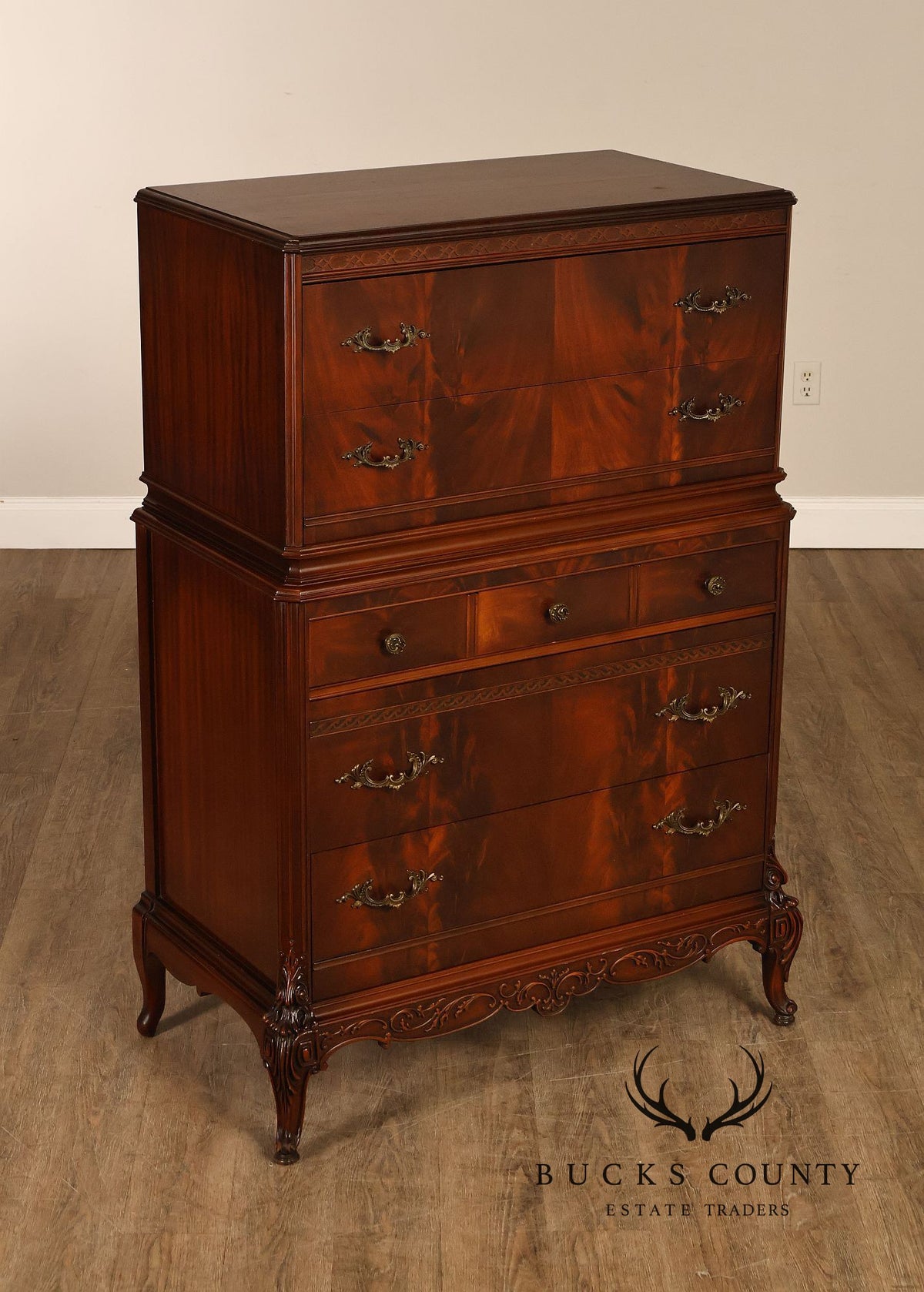 1940’s Flame Mahogany Carved Tall Chest